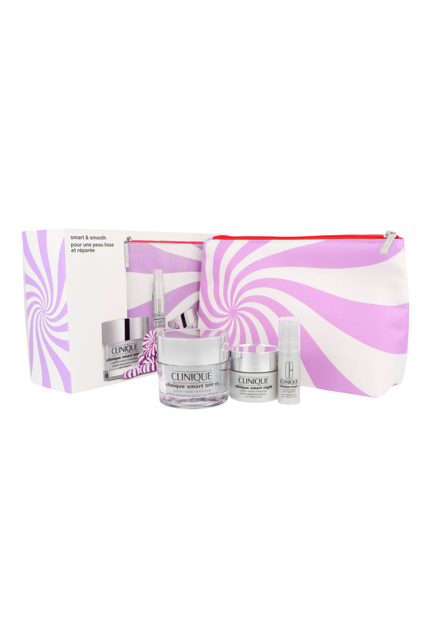 Zestaw Clinique Smart & Smooth Smart SPF15 Custom Repair Moisturizer 50ml + Smart Night Repair Moisturizer 15ml + Smart Custom Repair Eye Treatment 5ml + Pouch