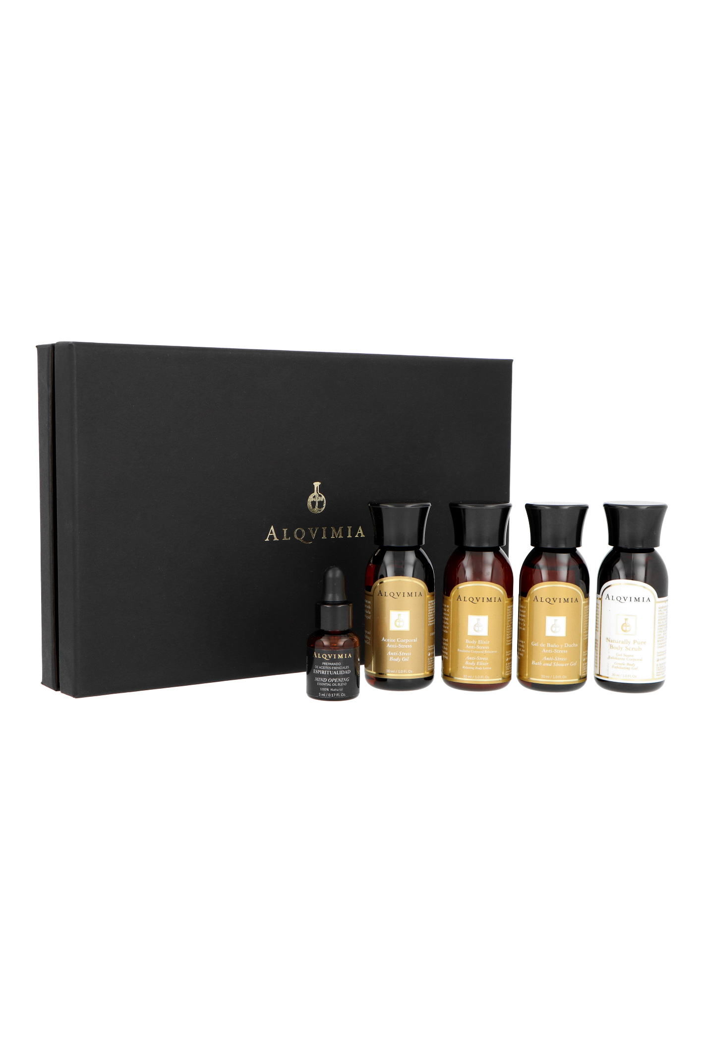 Zestaw Alqvimia Calm Supreme Beauty & Spa Experience Anti-Stress Body Oil 30ml + Anti-Stress Body Elixir 30ml + Naturally Pure Body Scrub 30ml + Anti-Stress Bath and Shower Gel 30ml + Preparation of S