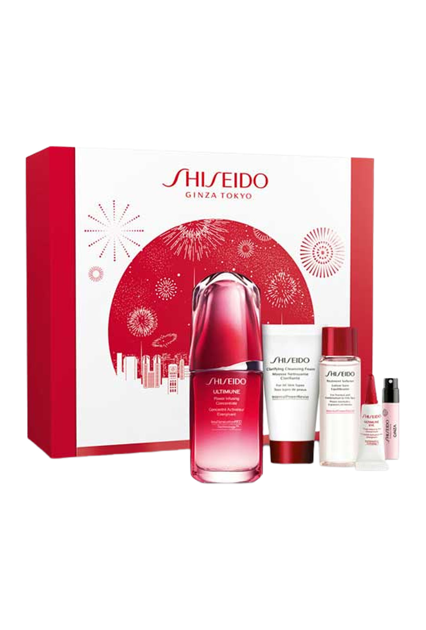 Zestaw Shiseido Ultimune Power Infusing Concentrate 50ml + Clarifying Cleansing Foam 30ml + Treatment Softener 30ml + Power Infusing Eye Concentrat 3ml + Ginza Edp 0,8ml