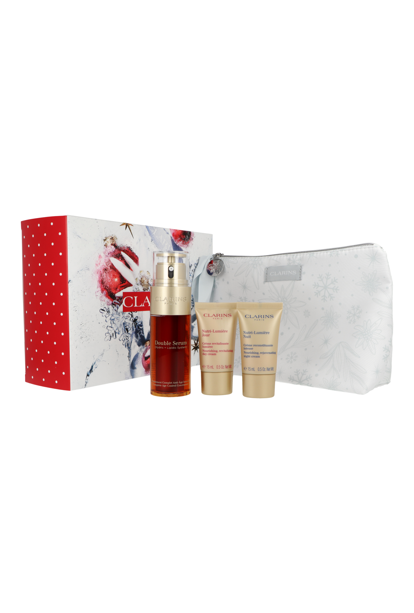 Zestaw Clarins Double Serum 50ml + Nutri Lumiere Day Cream 15ml + Nutri Lumiere Night Cream 15ml + Pouch