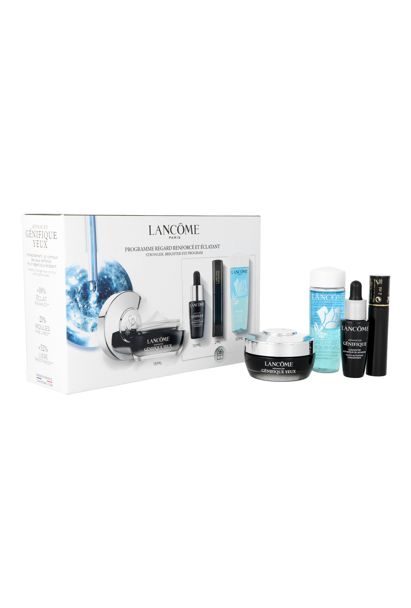 Zestaw Lancome Stronger and Brighter Eye Program Genifique Eye Cream 15ml + Bi-Facil Makeup Remover 30ml + Genifique Youth Activating Concentrate 10ml + Hypnose Mascara 2ml