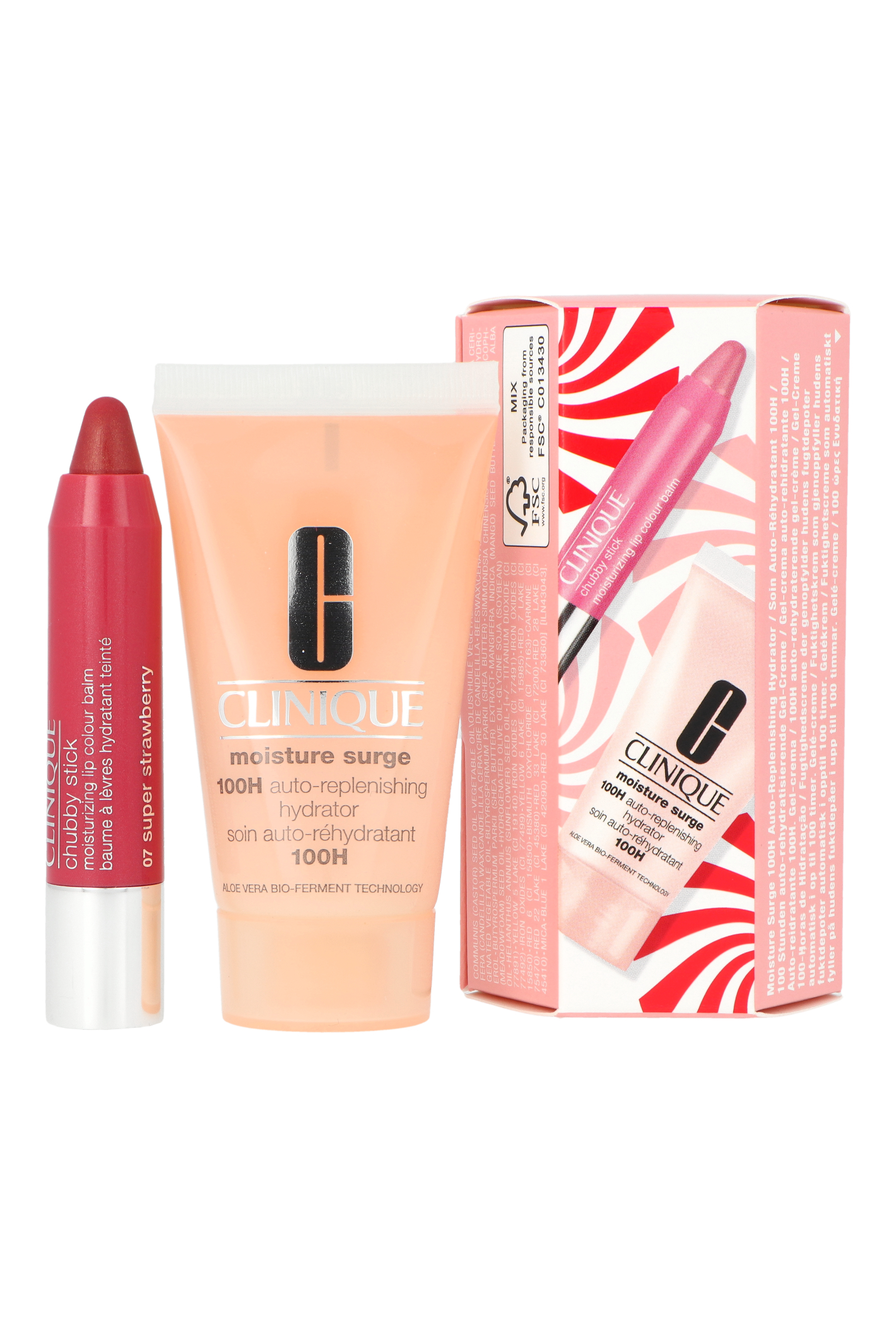 Zestaw Clinique Merry Moisture Moisture Surge 100H Auto-Replenishing Hydrator 30ml + Chubby Stick Lip Super Strawberry 1,2g
