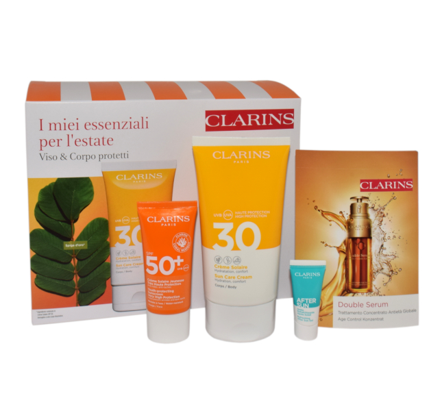 Zdjęcie produktu Zestaw Clarins Body National Expert + Sun Care Body Cream Spf30 150ml + Sun Care Face Cream Spf50+ 30ml + After Sun Balm Sample 8ml