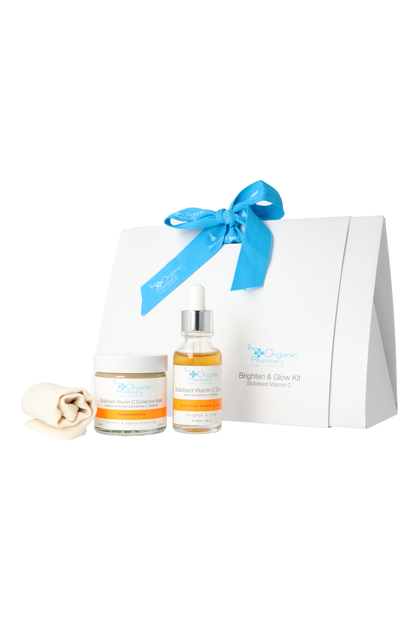 Zestaw The Organic Pharmacy Brighten & Glow Stabilised Vitamin C Serum 30ml + Stabilised Vitamin C Corrective Mask 60ml + Organic Muslin Cloth
