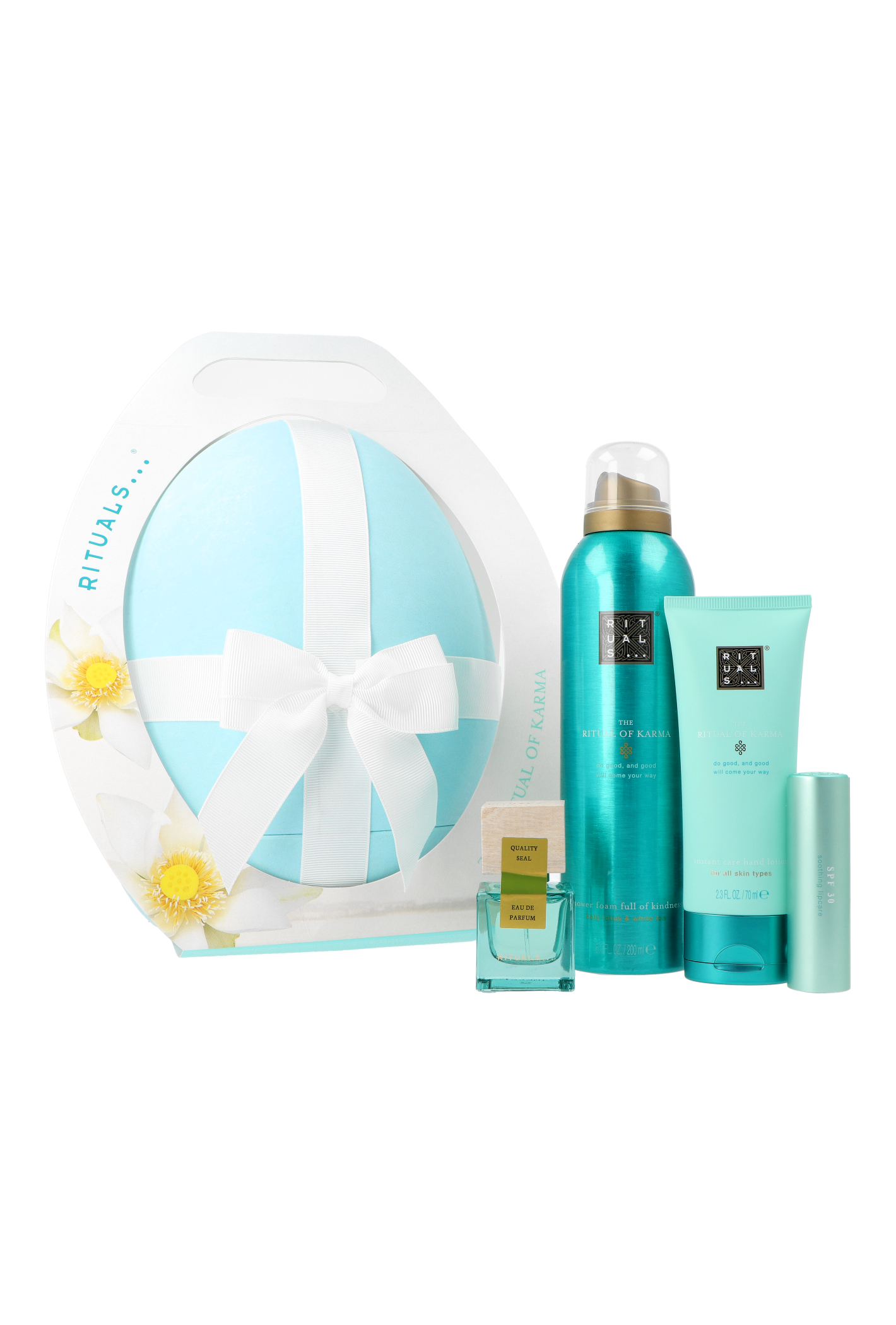 Zestaw Rituals The Ritual Of Karma Ester Egg Shower Gel 200ml + Hand Lotion 70ml + Lip Balm SPF30 4,5g + Soleil d`Or Edp 15ml