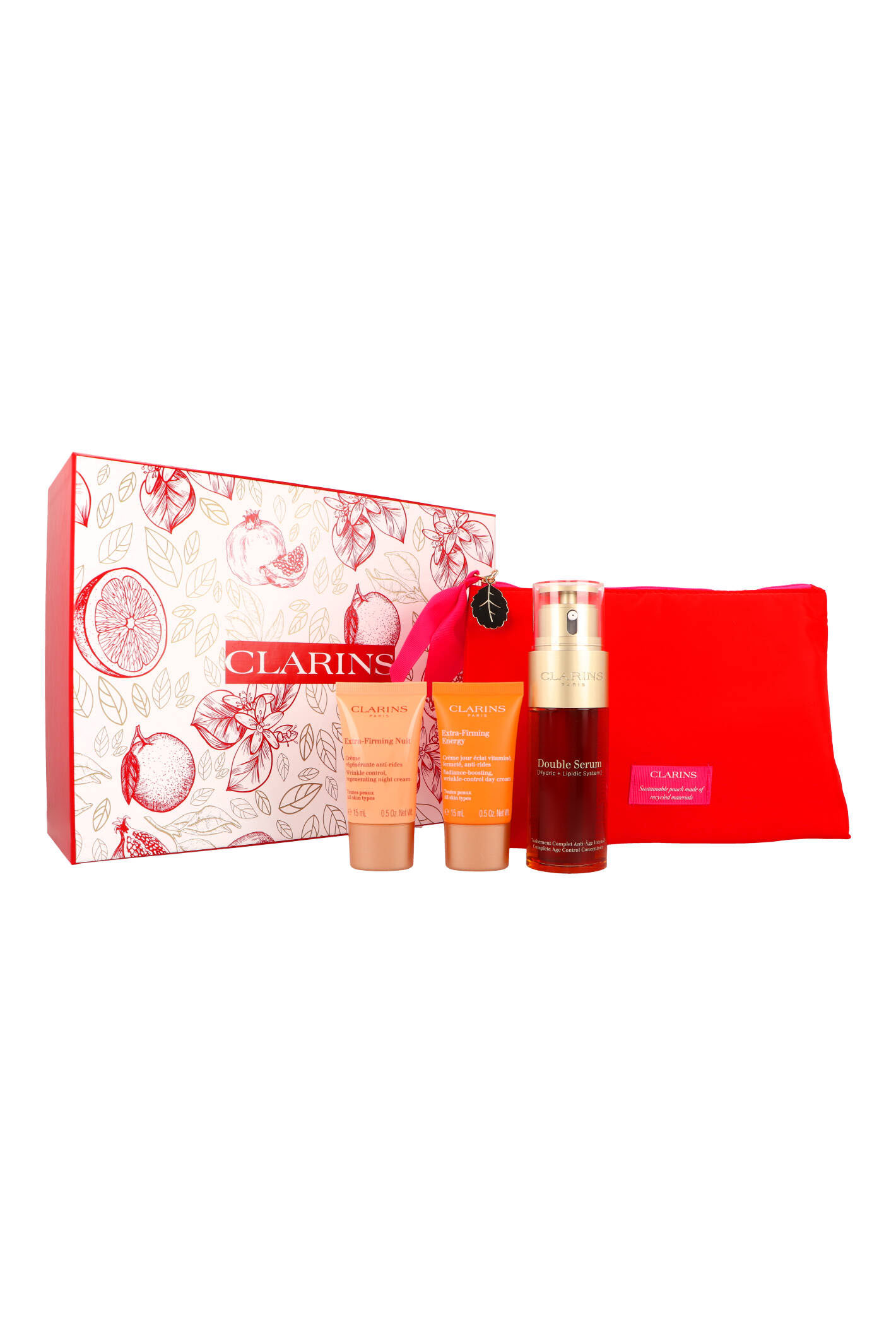 Zestaw Clarins Double Serum & Extra-Firming Double Serum 50ml + Extra-Firming Energy Day Cream 15ml + Extra-Firming Night Cream 15ml + Pouch