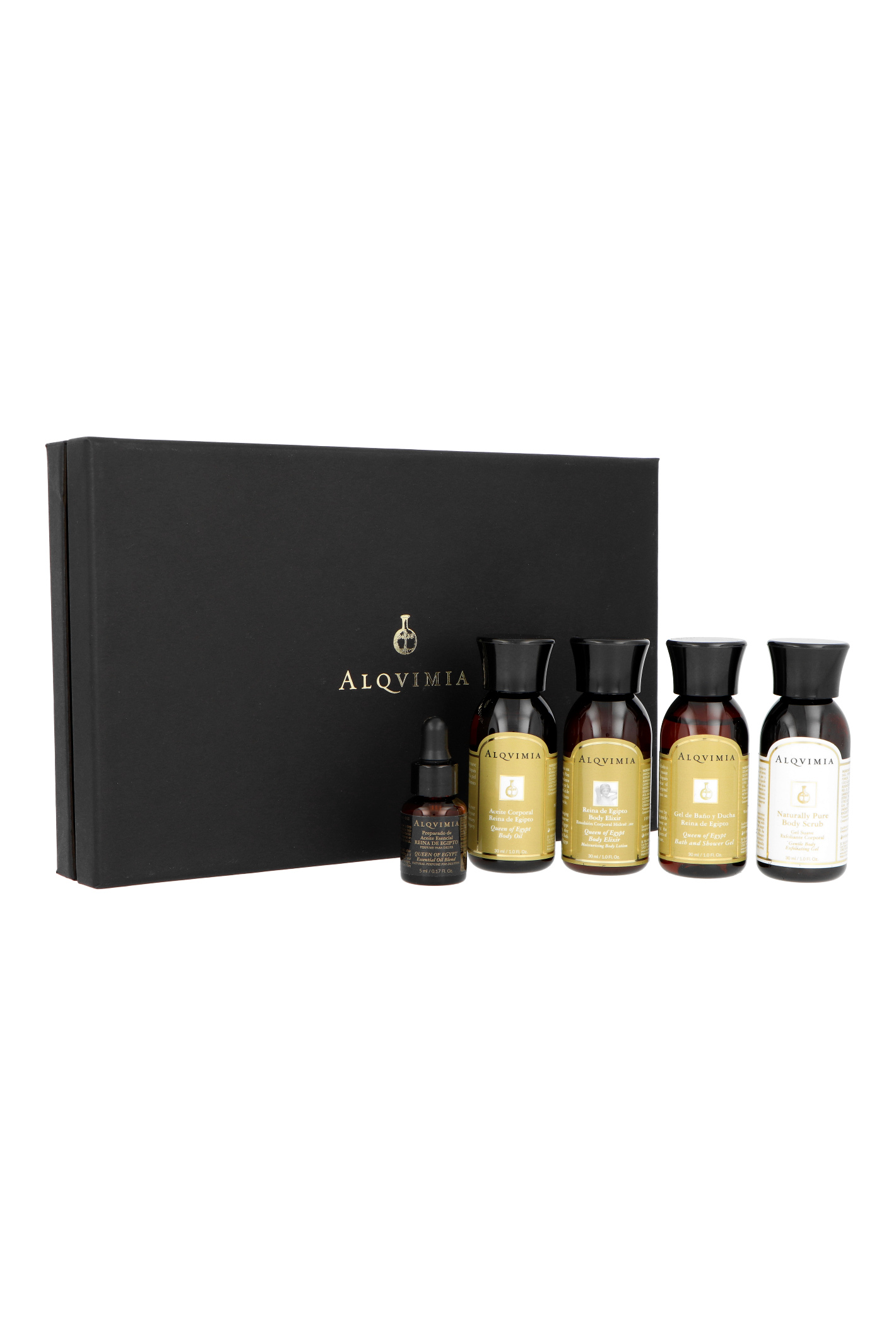 Zestaw Alqvimia Enigma Supreme Beauty & Spa Experience Queen of Egypt Body Oil 30ml + Queen of Egypt Body Elixir 30ml + Naturally Pure Body Scrub 30ml + Queen of Egypt Bath and Shower Gel 30ml + Queen