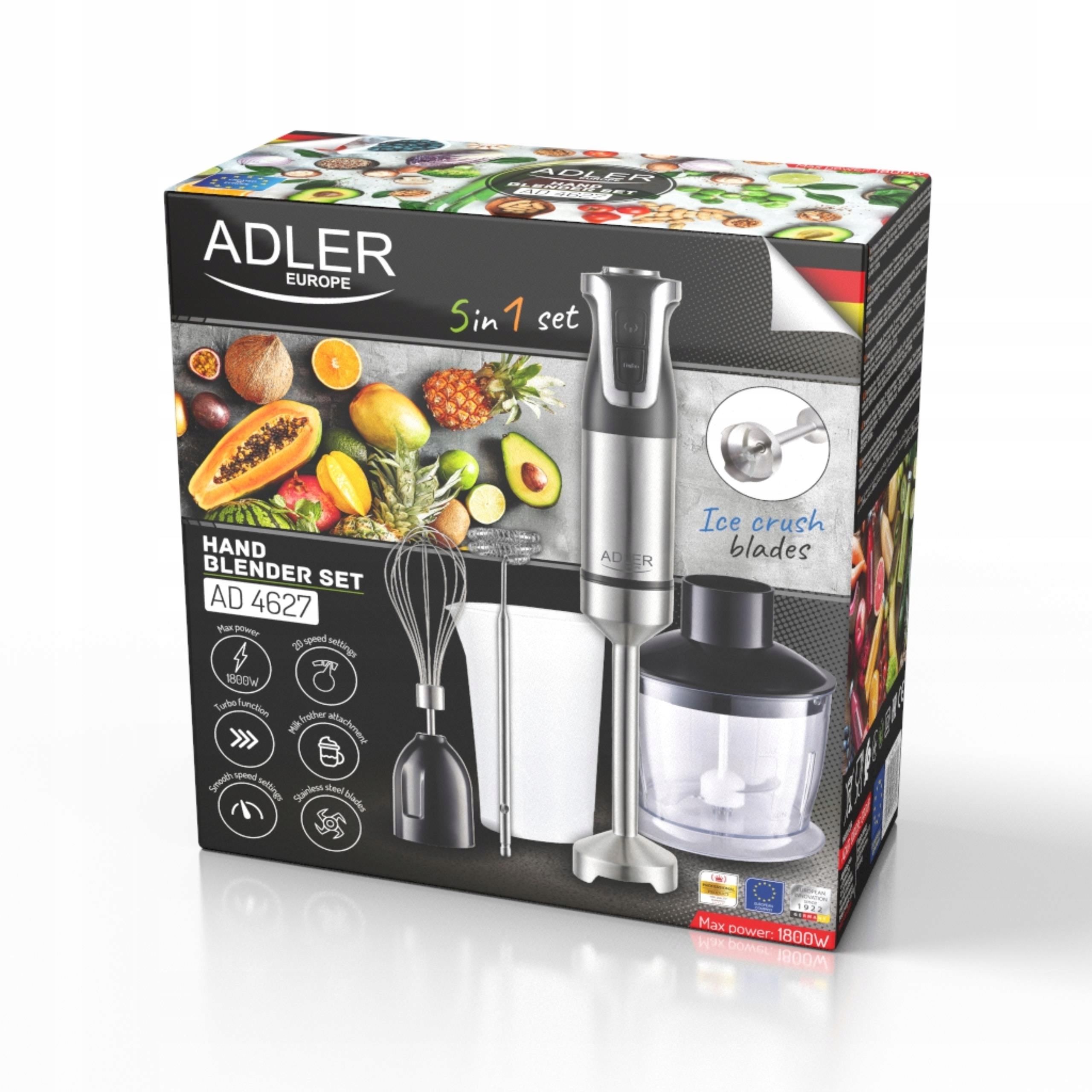 ADLER EUROPE 1800W kézi turmixgép, 20 sebességfokozat, 4 rozsdamentes acél penge, szett 600ml és 700ml űrtartalmú edényekkel
