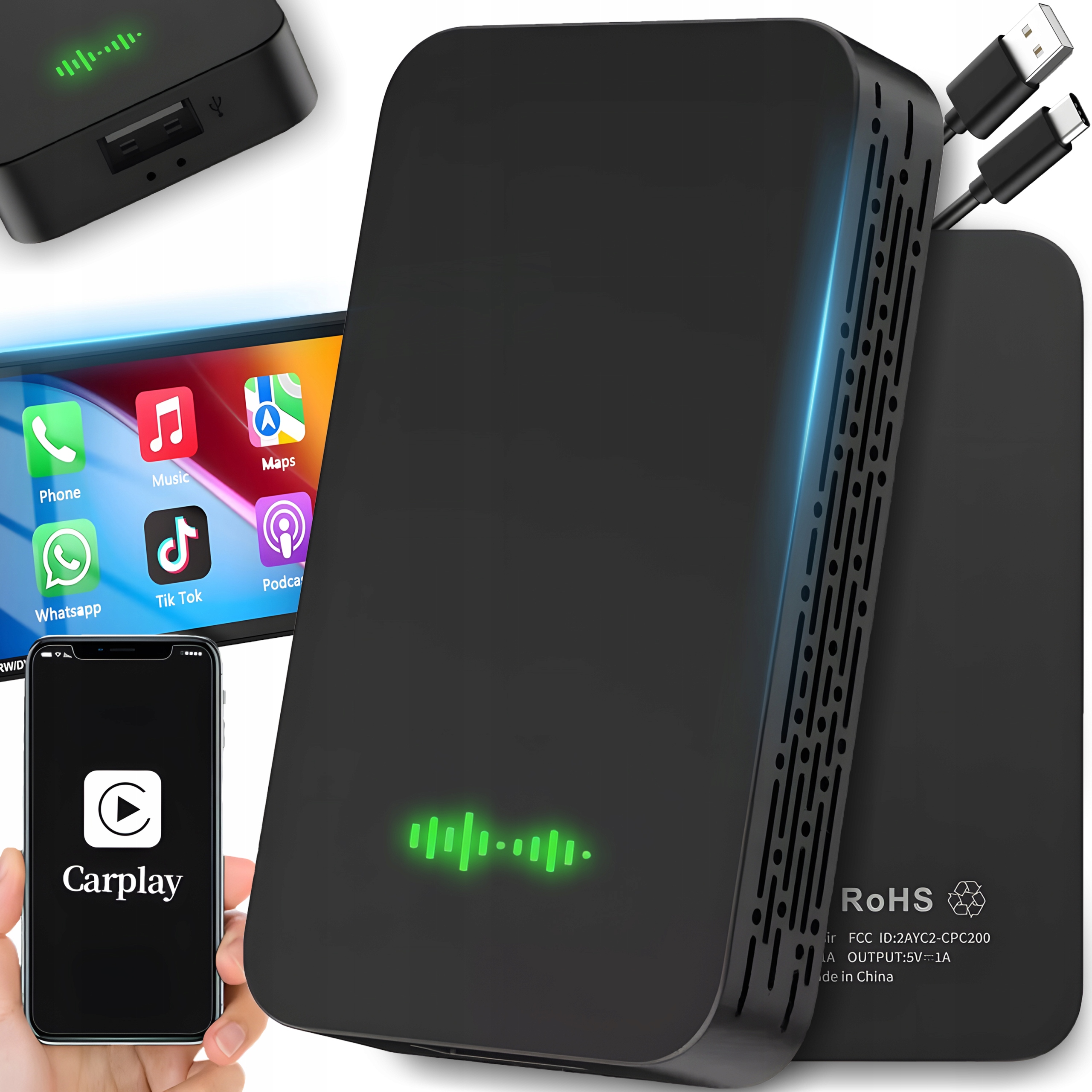 ADAPTER CARPLAY BEZPRZEWODOWY SAMOCHODOWY ANDROID AUTO IPHONE USB