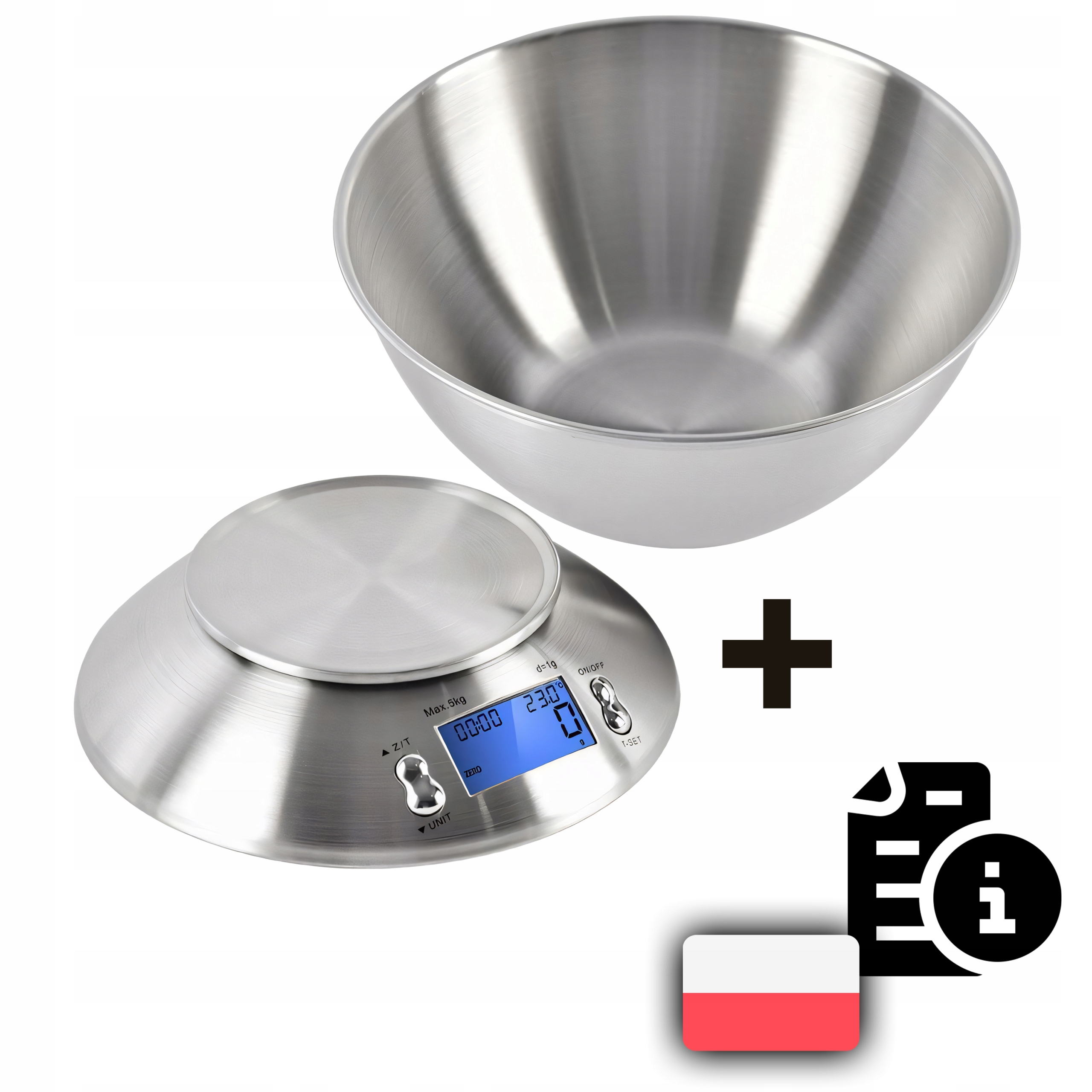 DOKŁADNA WAGA KUCHENNA ELEKTRONICZNA Z MISKĄ 1G-5KG INOX TIMER TERMOMETR