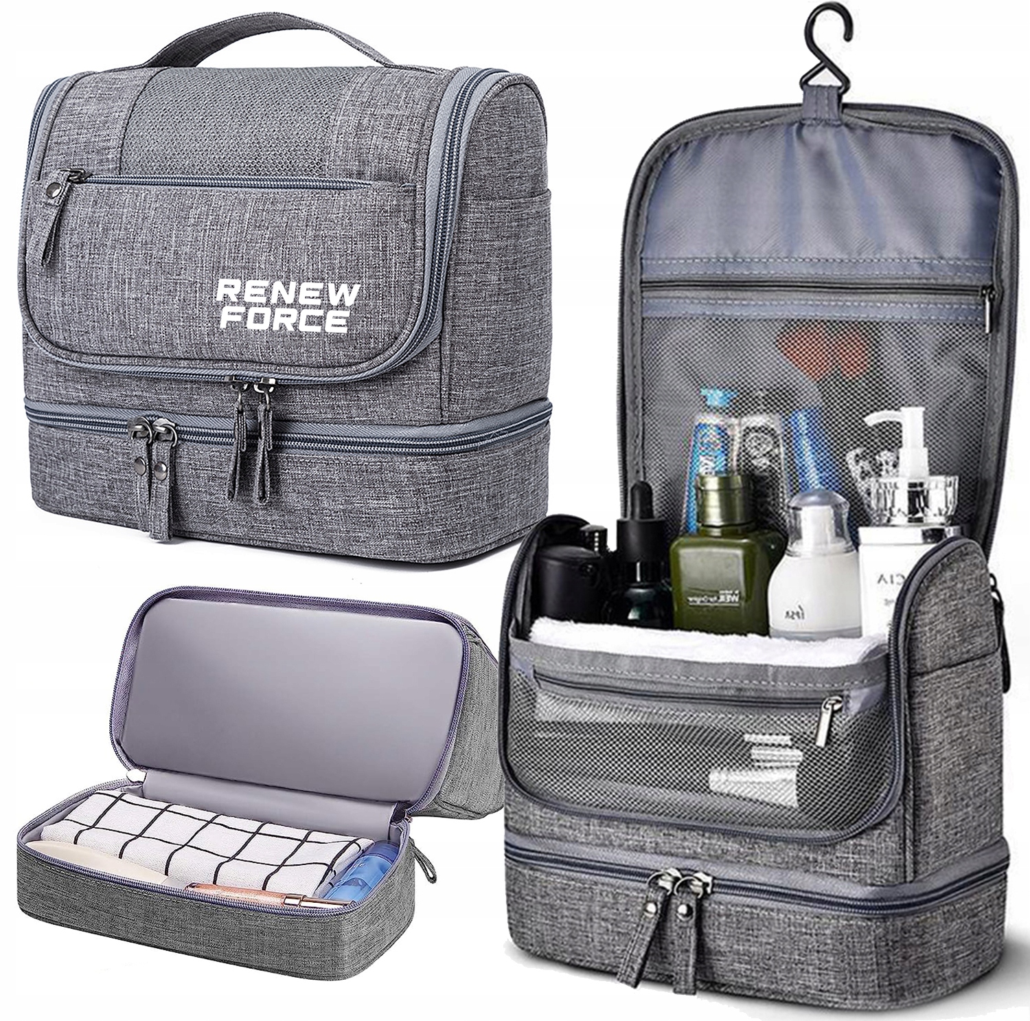 KOSMETYCZKA MĘSKA SZARA POJEMNA KOSMETYCZKA PODRÓŻNA WYJAZD DUŻA Z HAKIEM