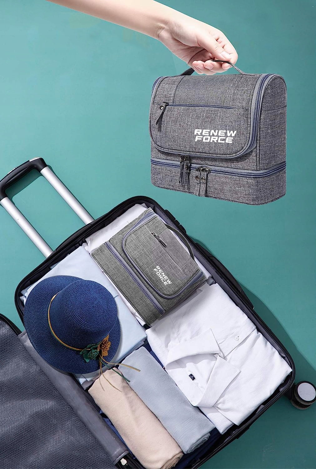 KOSMETYCZKA MĘSKA SZARA POJEMNA KOSMETYCZKA PODRÓŻNA WYJAZD DUŻA Z HAKIEM