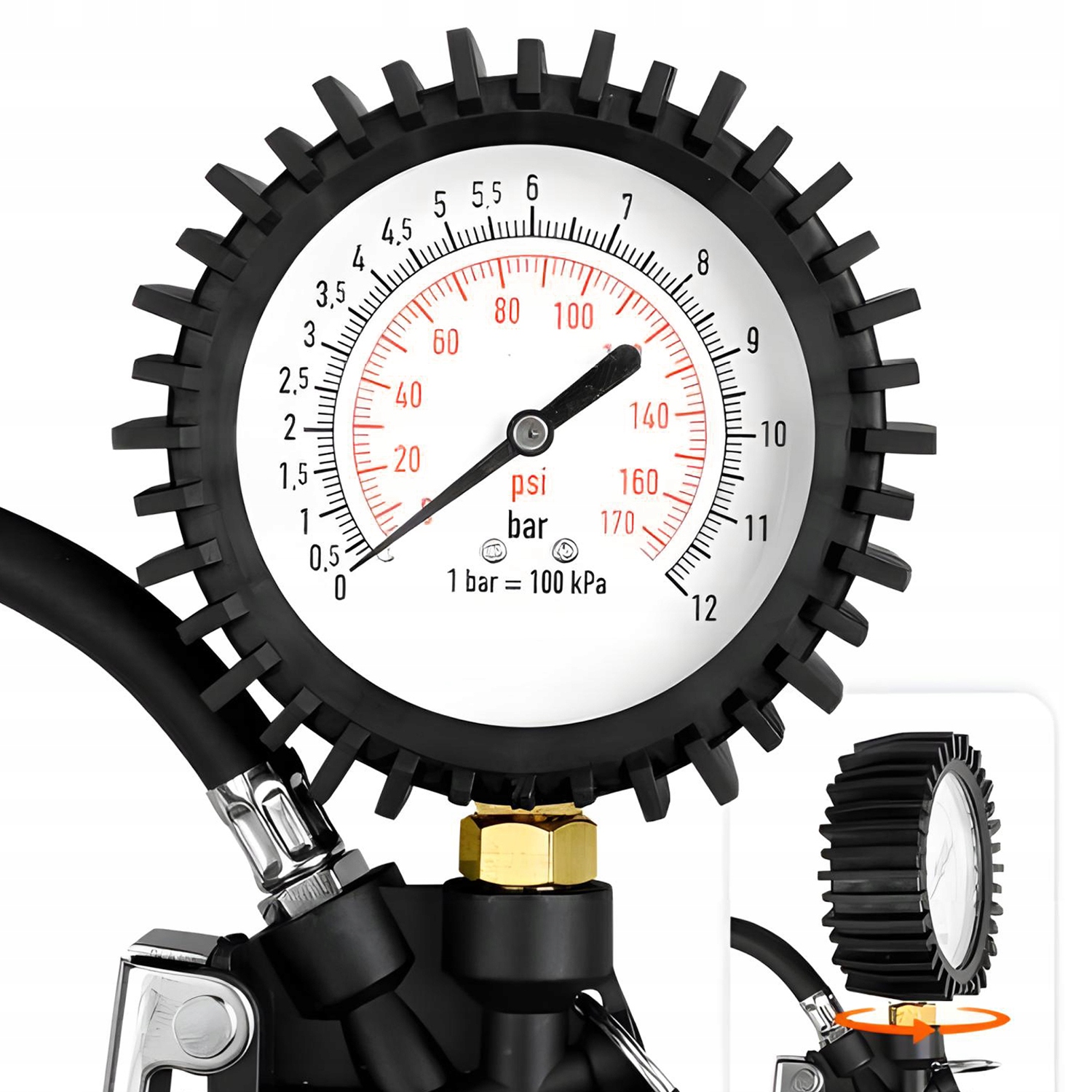 PISTOLET DO POMPOWANIA KÓŁ Z MANOMETREM 12 BAR ZAWÓR SPUSTOWY ZEGAR DUŻY XL