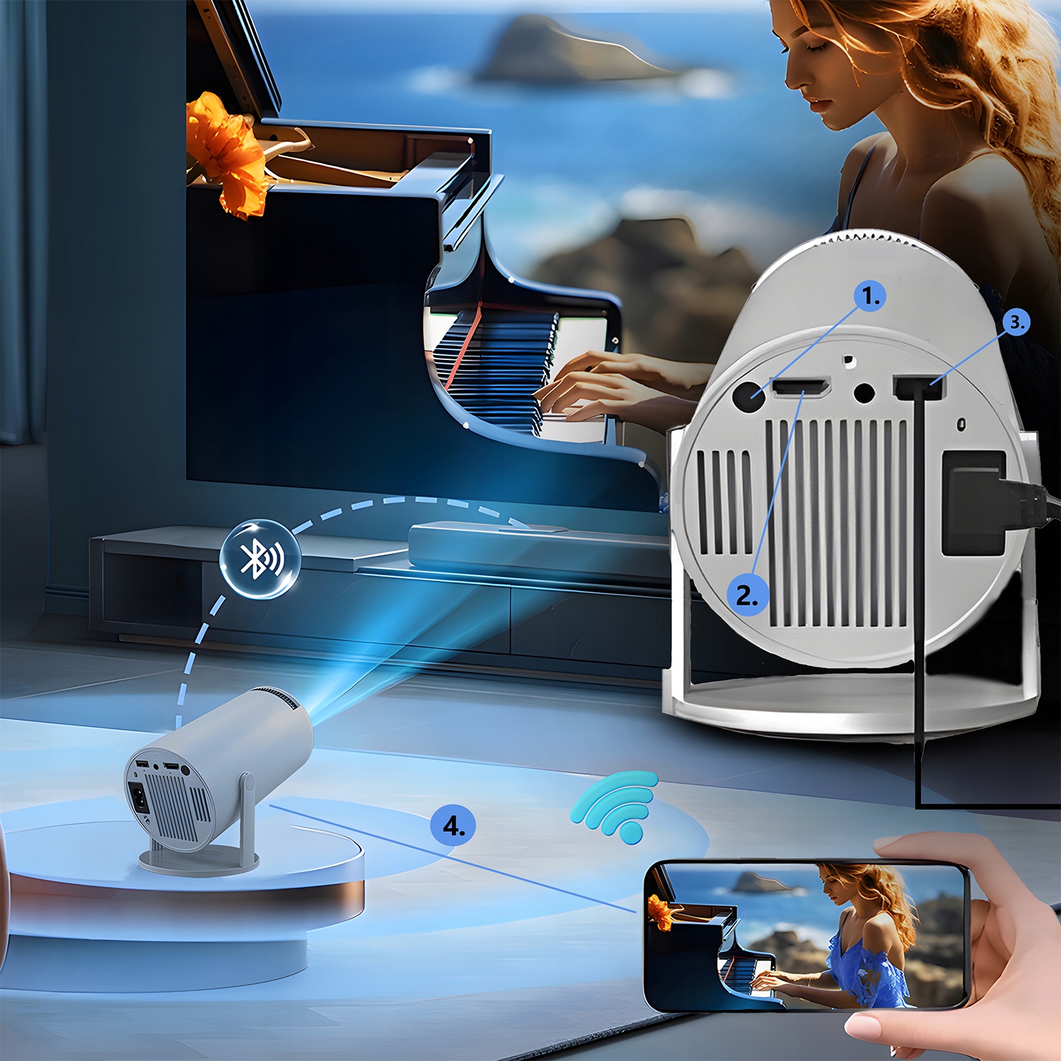 PROJEKTOR RZUTNIK WIFI ANDROID PRZENOŚNY OBROTOWY SMART 4K GŁOŚNIK BT 5.0