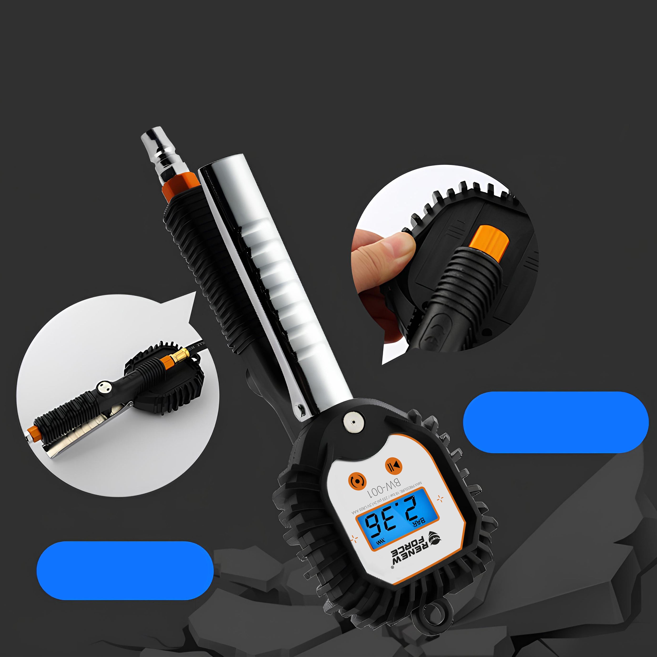 PISTOLET CYFROWY DO POMPOWANIA KÓŁ OPON MANOMETR 1/4 LCD DŁUGI WĄŻ 18 BAR