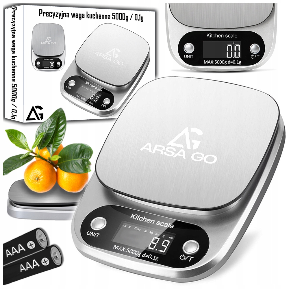 Waga kuchenna ARSA GO 0.1g NA BATERIE UNCJA KARAT GRAM TARA srebrny 5 kg