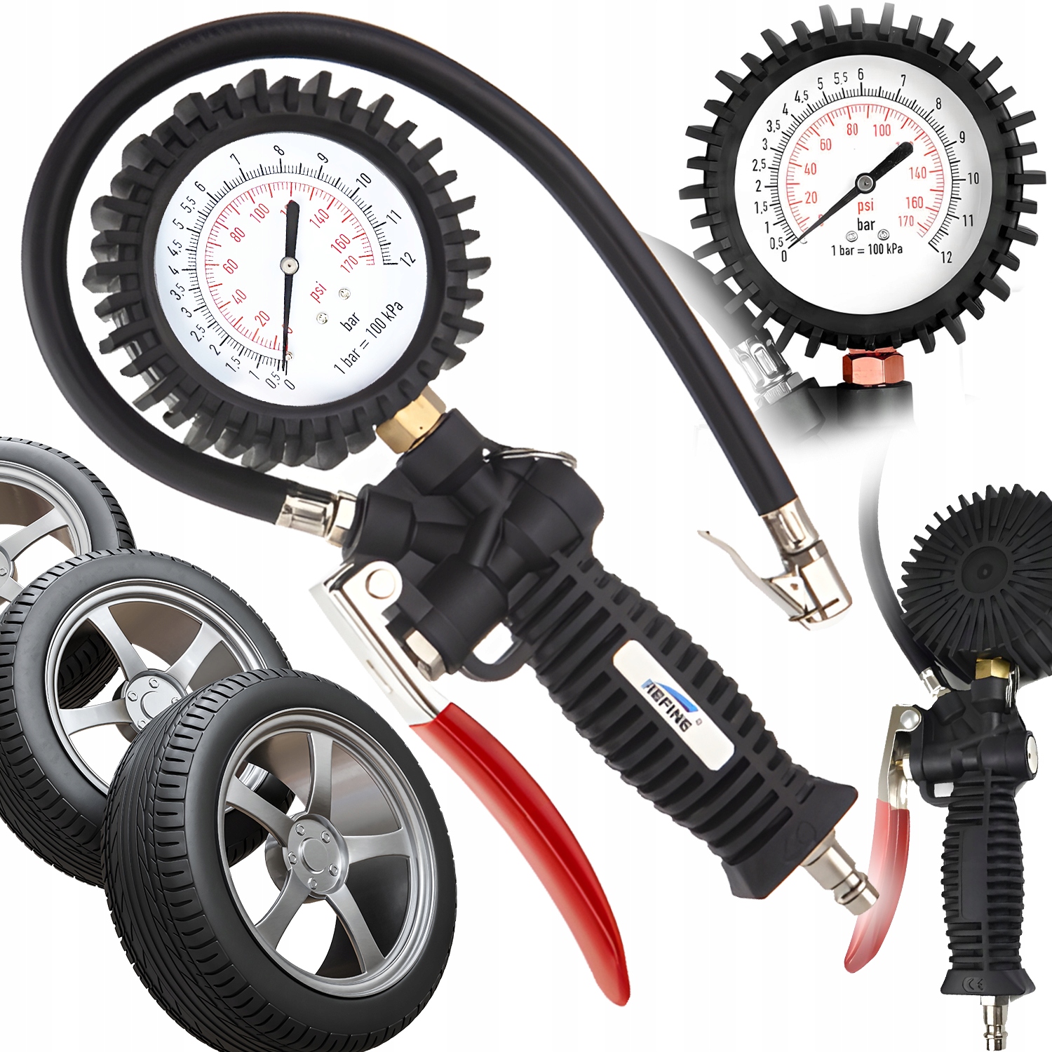 PISTOLET DO POMPOWANIA KÓŁ Z MANOMETREM 12 BAR ZAWÓR SPUSTOWY ZEGAR DUŻY XL