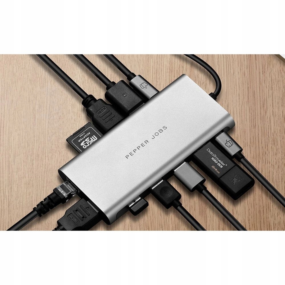 HUB USB-C 12w1 Pepper Jobs 2x HDMI Display Port 4xUSB SD/TF RJ-45 PD 100W