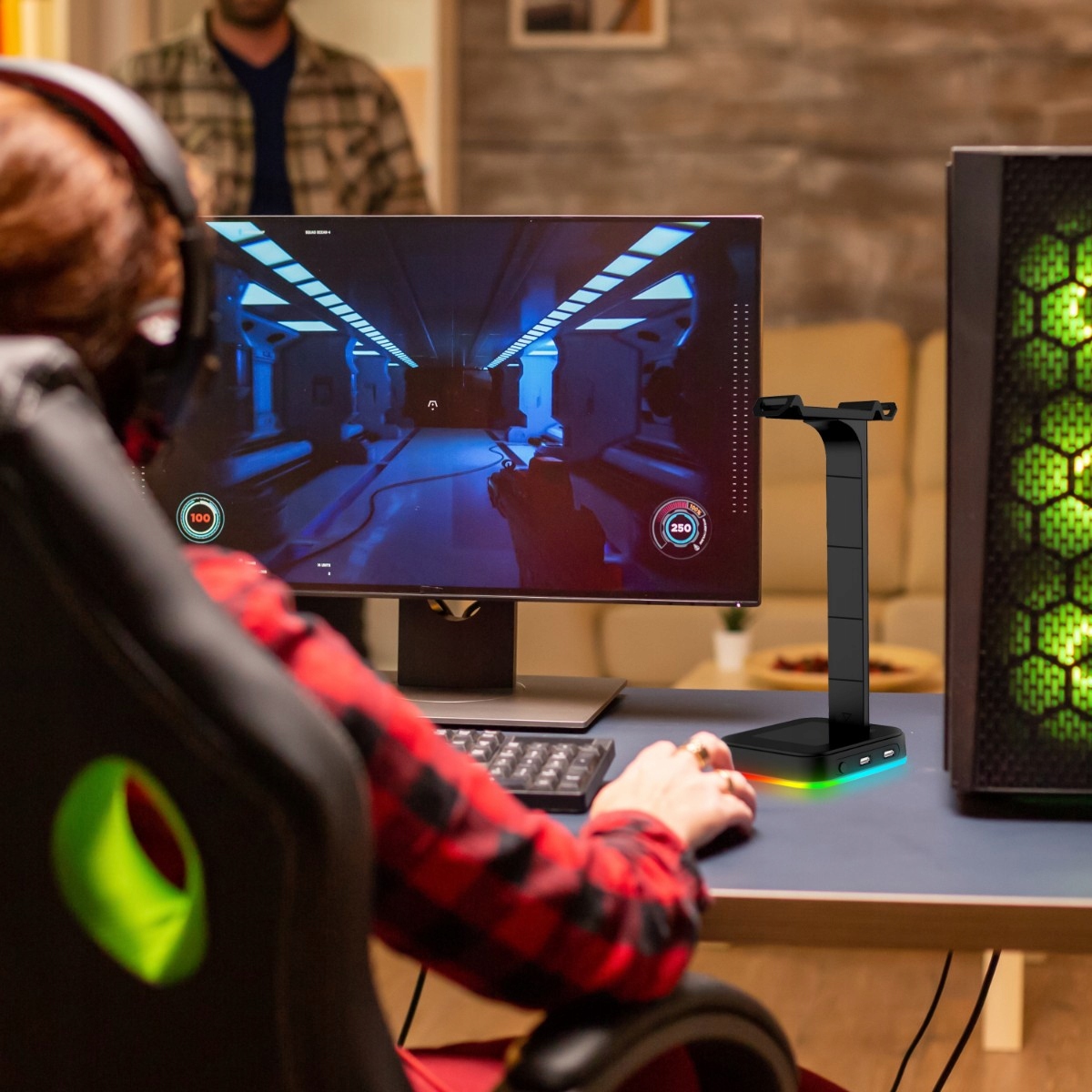 STOJAK STATYW UCHWYT NA SŁUCHAWKI GAMINGOWY PODOŚWIETLENIE RGB HUB + 2X USB