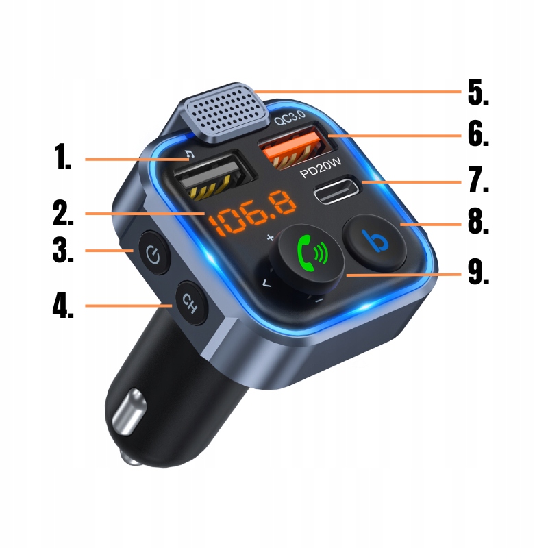 TRANSMITER BLUETOOTH SAMOCHODOWY FM 3x USB ADAPTER SZYBKA ŁADOWARKA MP3