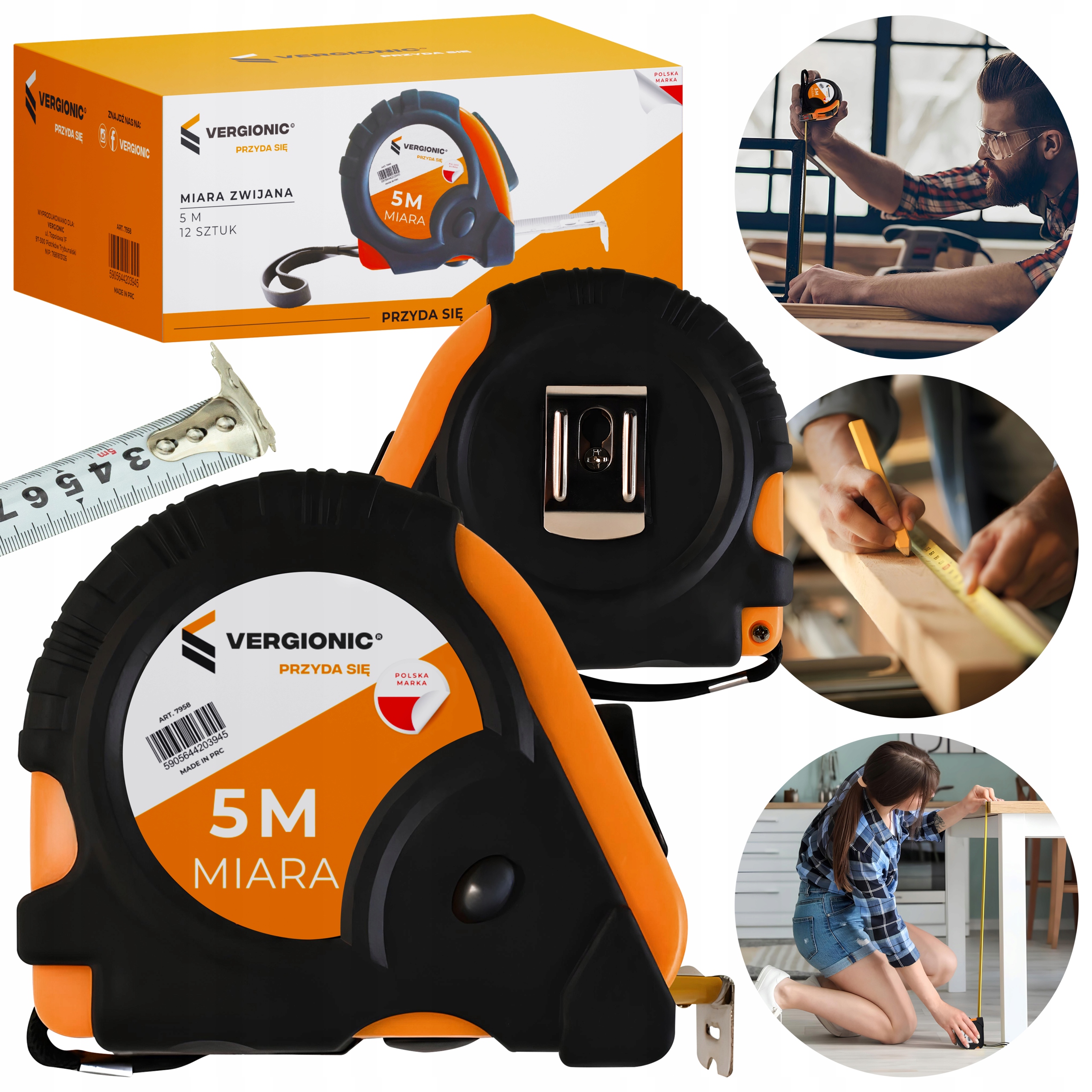 Taśma miernicza 5 m VERGIONIC - zwijana miarka budowlana z blokadą