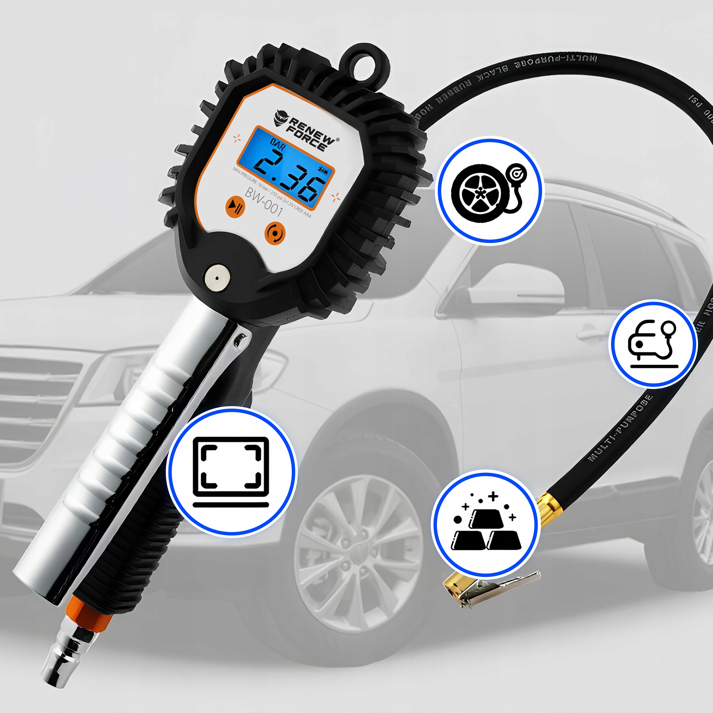 PISTOLET CYFROWY DO POMPOWANIA KÓŁ OPON MANOMETR 1/4 LCD DŁUGI WĄŻ 18 BAR