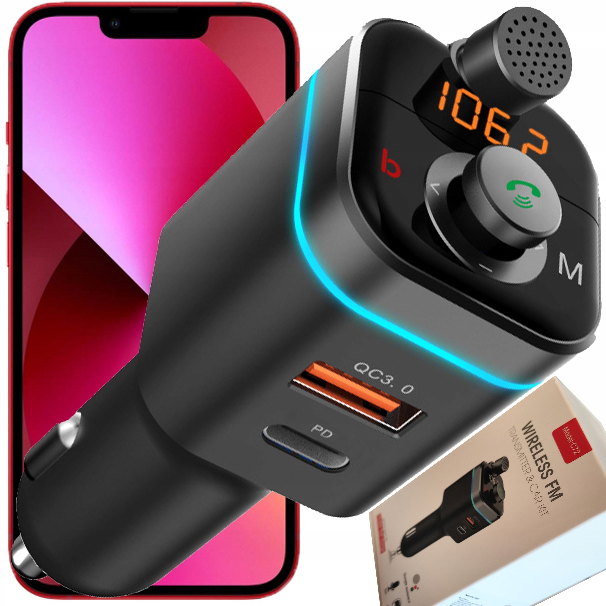 TRANSMITER BLUETOOTH AUDIO FM MP3 SZYBKA ŁADOWARKA USB SD LCD QC3.0 RGB