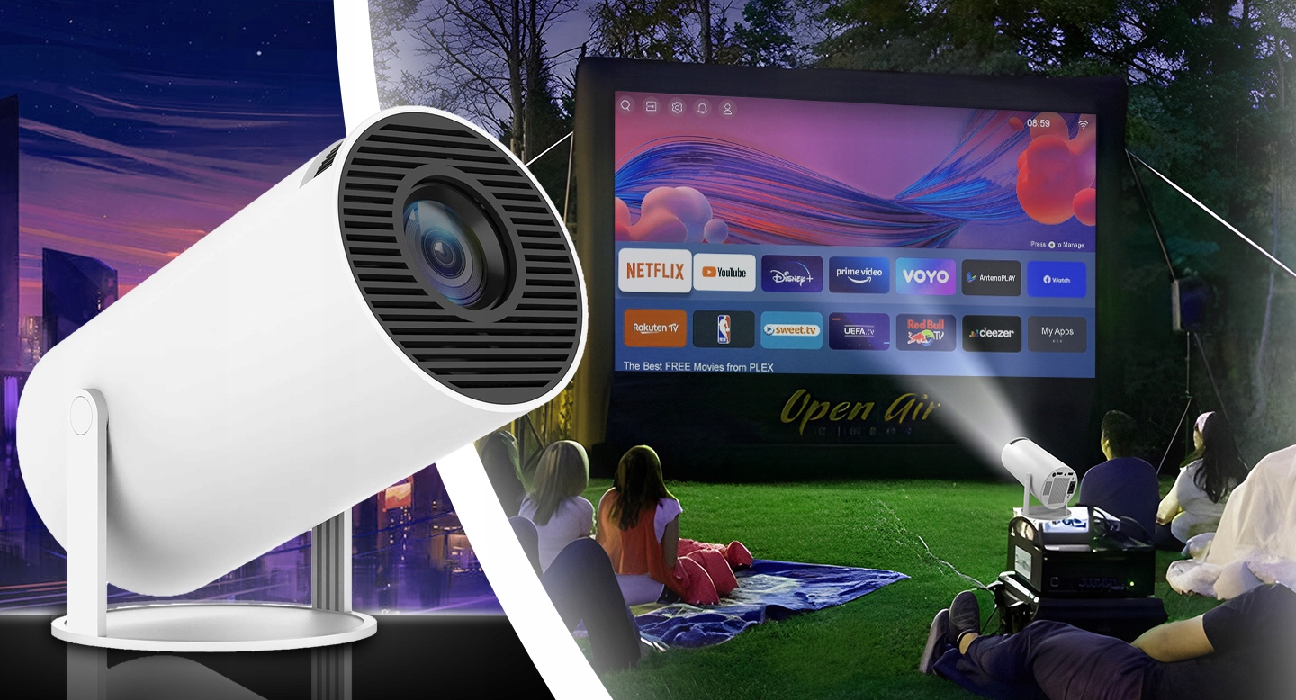 PROJEKTOR RZUTNIK WIFI ANDROID PRZENOŚNY OBROTOWY SMART 4K GŁOŚNIK BT 5.0