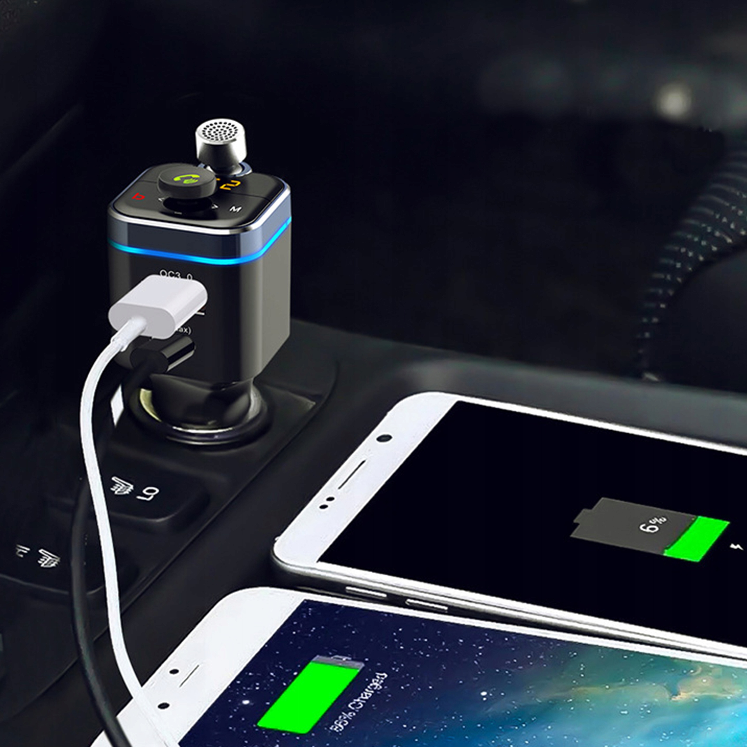 TRANSMITER BLUETOOTH AUDIO FM MP3 SZYBKA ŁADOWARKA USB SD LCD QC3.0 RGB