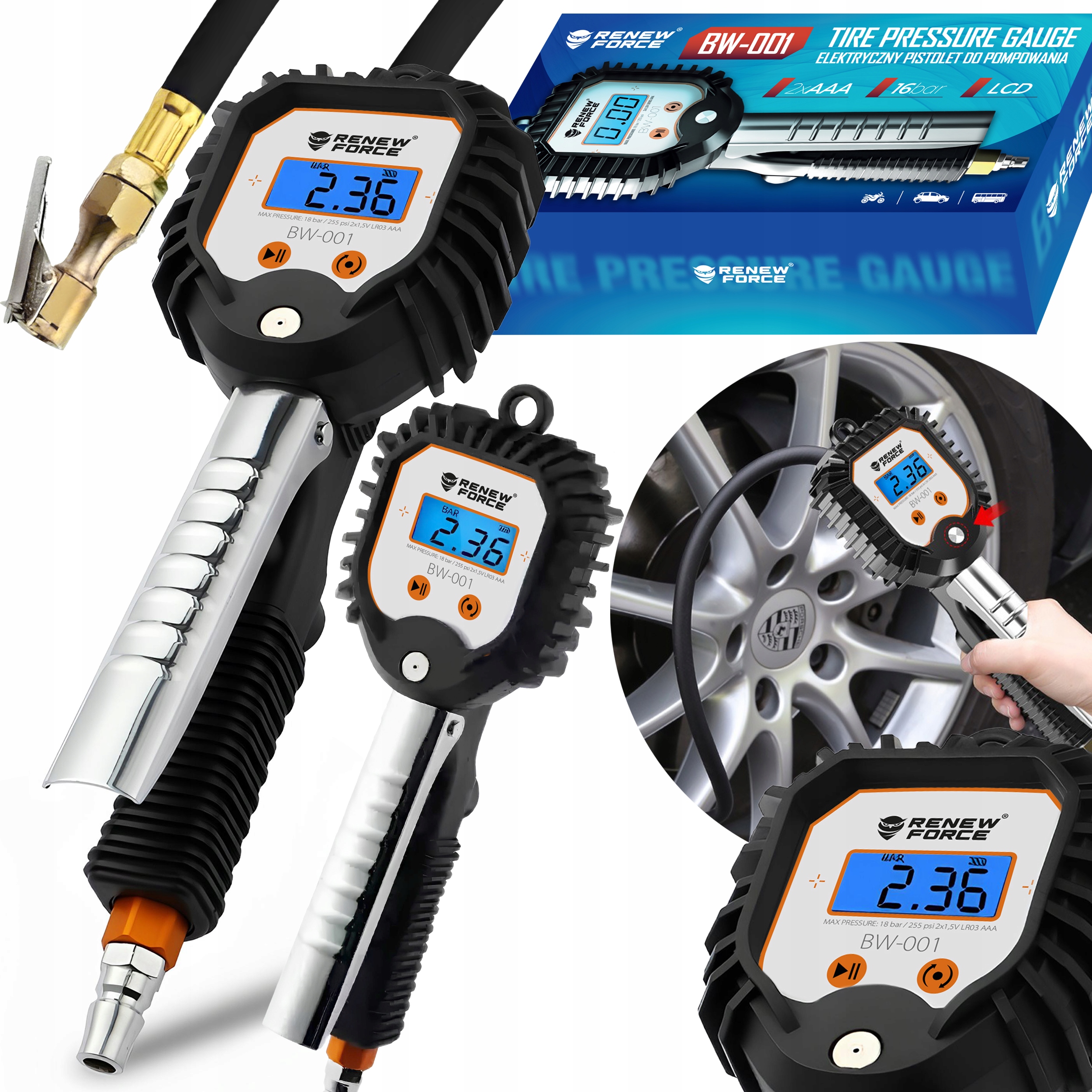 PISTOLET CYFROWY DO POMPOWANIA KÓŁ OPON MANOMETR 1/4 LCD DŁUGI WĄŻ 18 BAR