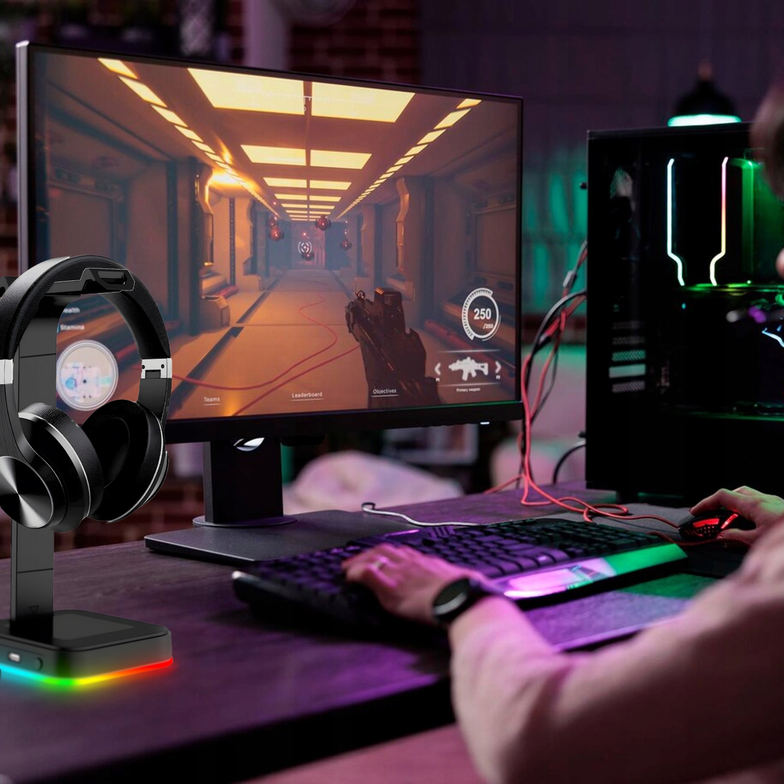 STOJAK STATYW UCHWYT NA SŁUCHAWKI GAMINGOWY PODOŚWIETLENIE RGB HUB + 2X USB