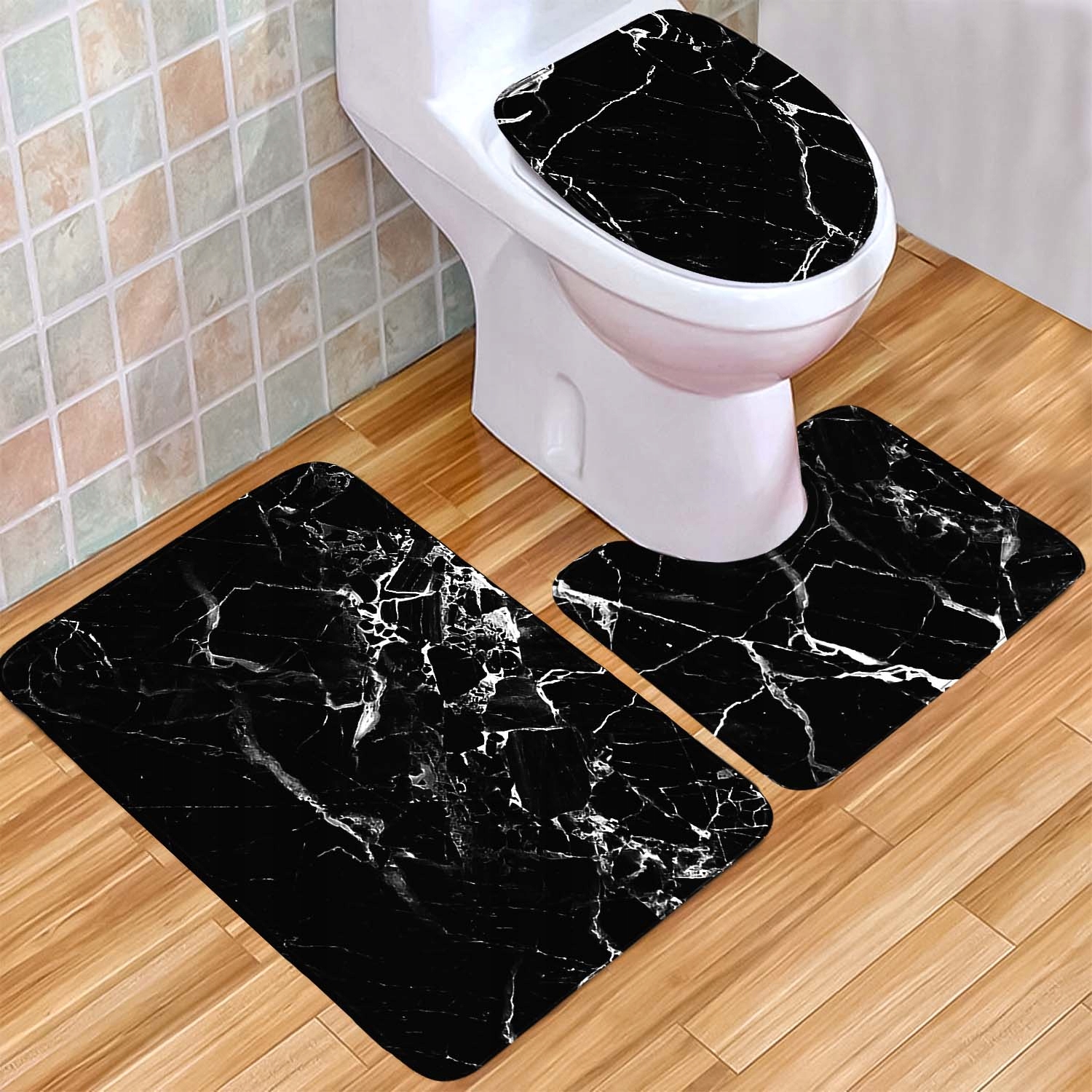 Dywaniki Łazienkowe Komplet 3 Częściowe Antypoślizgowy Czarny Zestaw 3w1