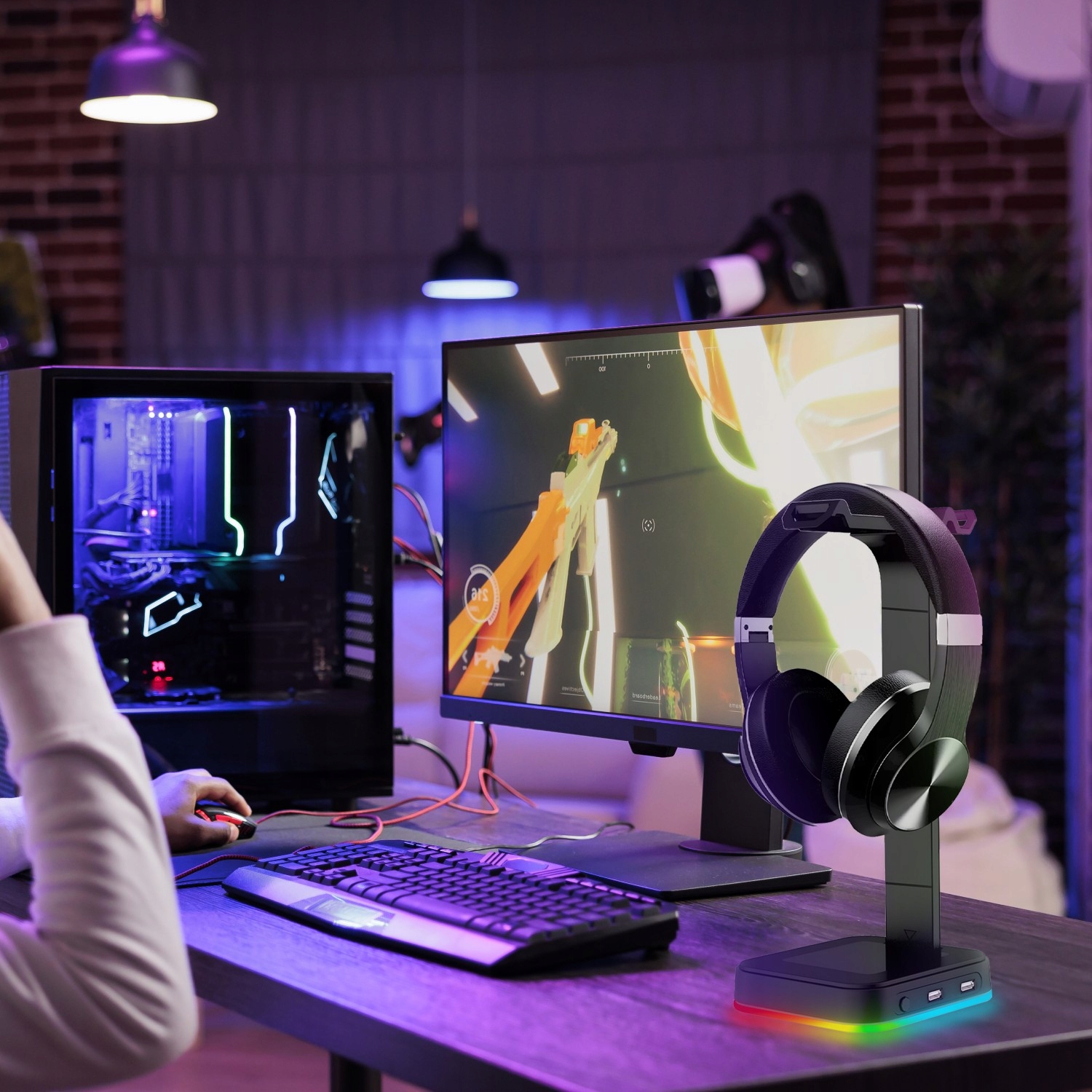 STOJAK STATYW UCHWYT NA SŁUCHAWKI GAMINGOWY PODOŚWIETLENIE RGB HUB + 2X USB