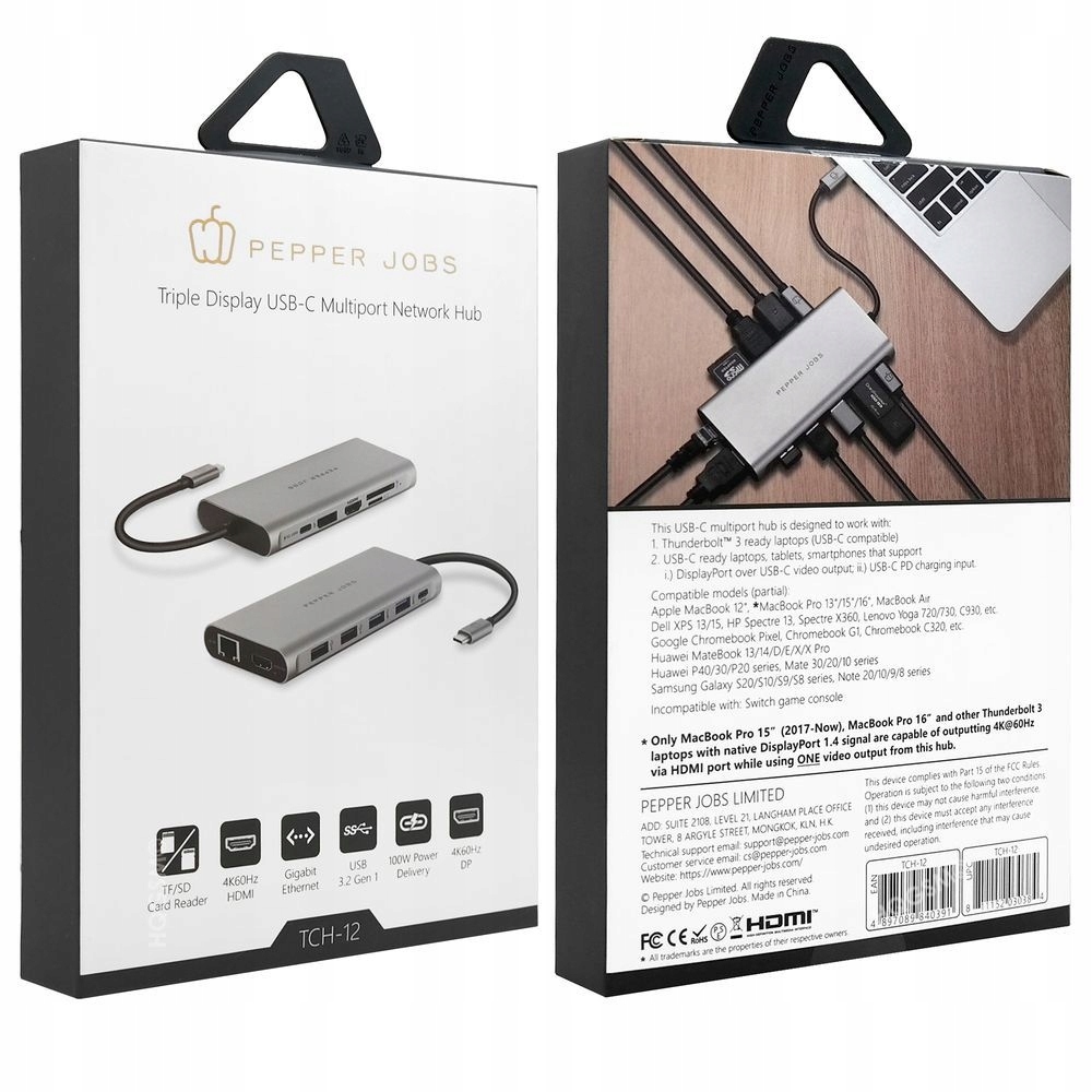 HUB USB-C 12w1 Pepper Jobs 2x HDMI Display Port 4xUSB SD/TF RJ-45 PD 100W