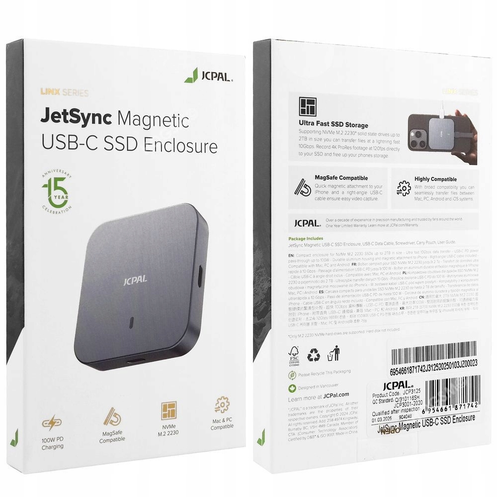 JCPal Obudowa Kieszeń SSD na Dysk NVMe M.2 2230 MagSafe USB-C iPhone 16/15