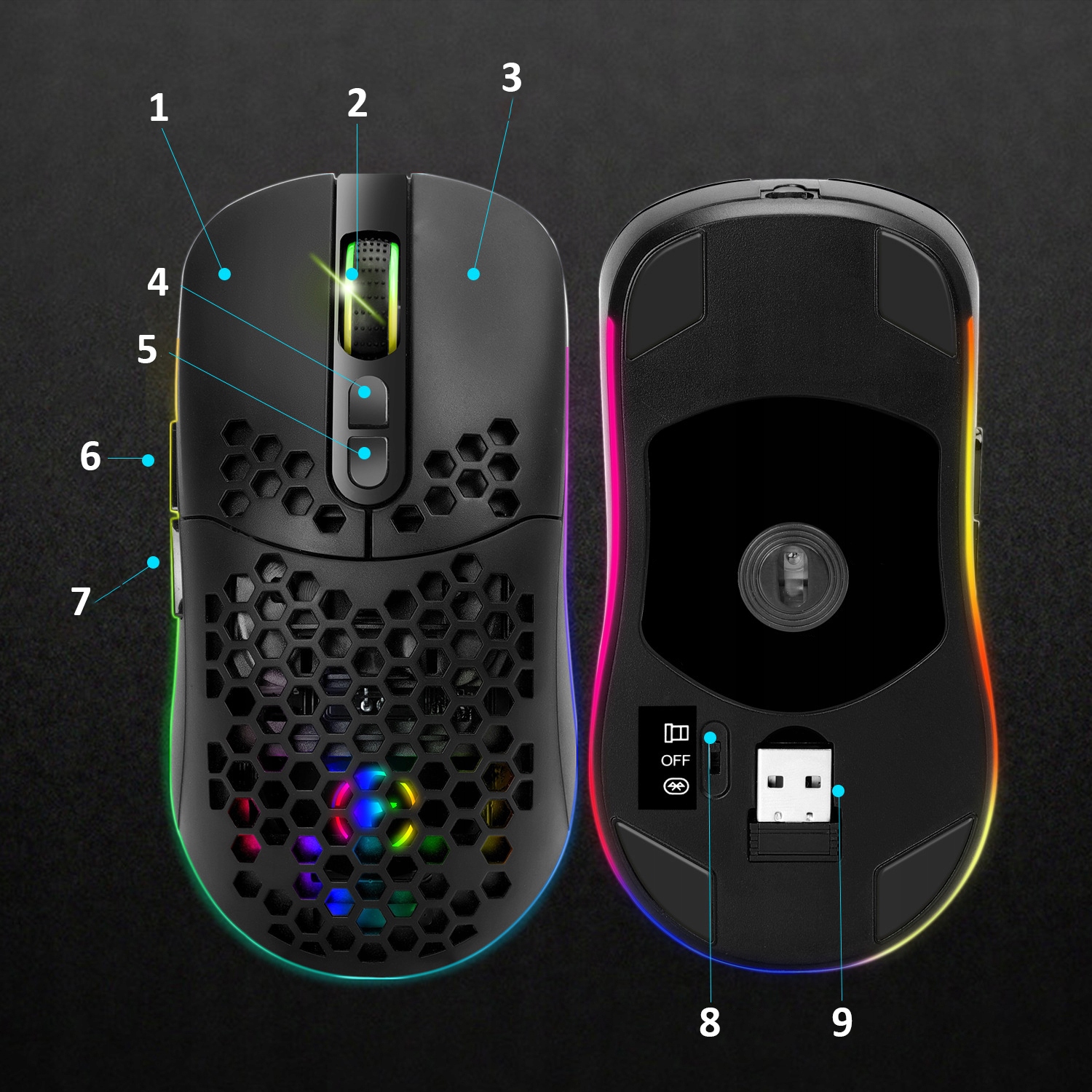 Myszka bezprzewodowa KOMPUTEROWA RGB 7 PRZYCISKÓW DO GIER sensor optyczny