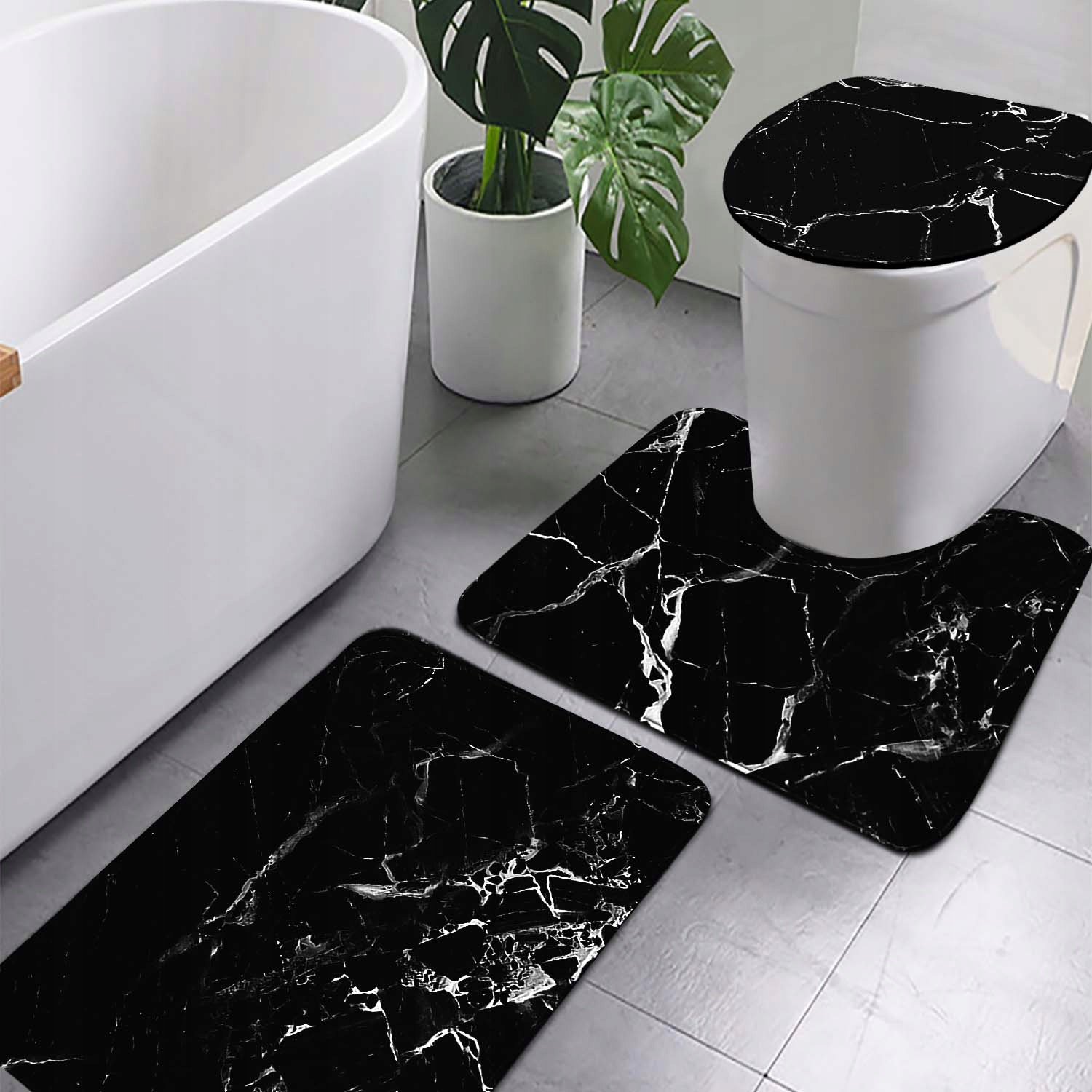 Dywaniki Łazienkowe Komplet 3 Częściowe Antypoślizgowy Czarny Zestaw 3w1