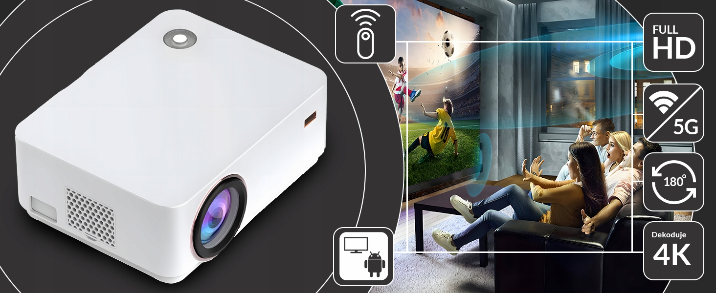 RZUTNIK SMART TV PROJEKTOR WIFI FULL HD 4K 9000lm LED LCD BLUETOOTH ANDROID