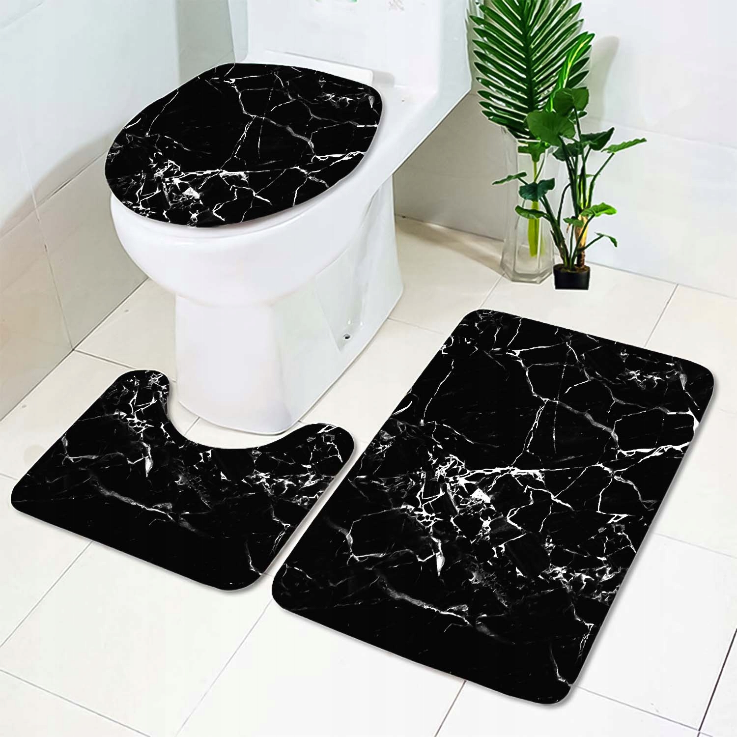 Dywaniki Łazienkowe Komplet 3 Częściowe Antypoślizgowy Czarny Zestaw 3w1