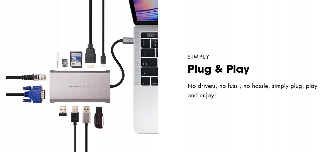 Pepper Jobs 11w1 Hub USB-C HDMI USB 3.1 Czytnik Kart mini jack LAN 4xUSB PD
