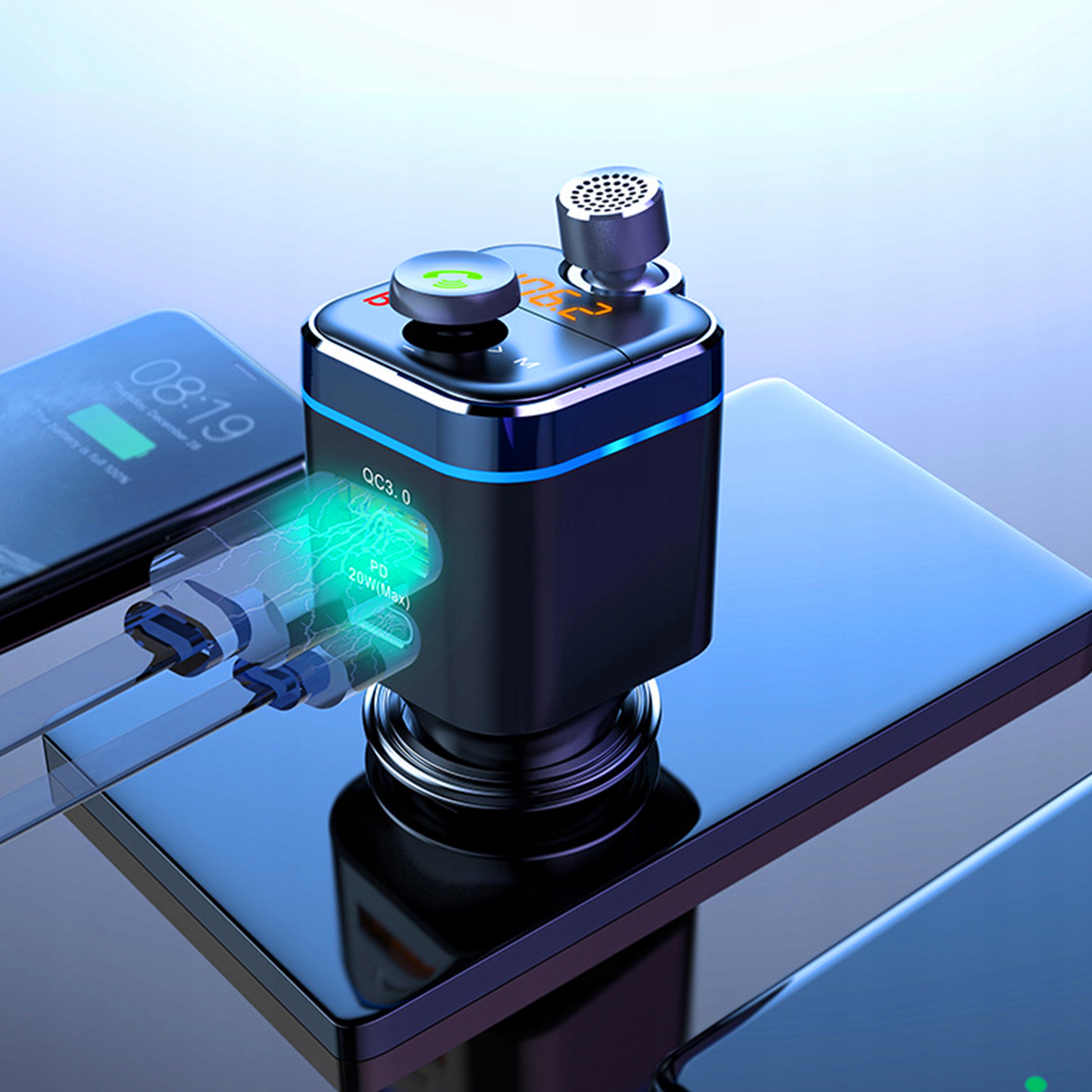 TRANSMITER BLUETOOTH AUDIO FM MP3 SZYBKA ŁADOWARKA USB SD LCD QC3.0 RGB