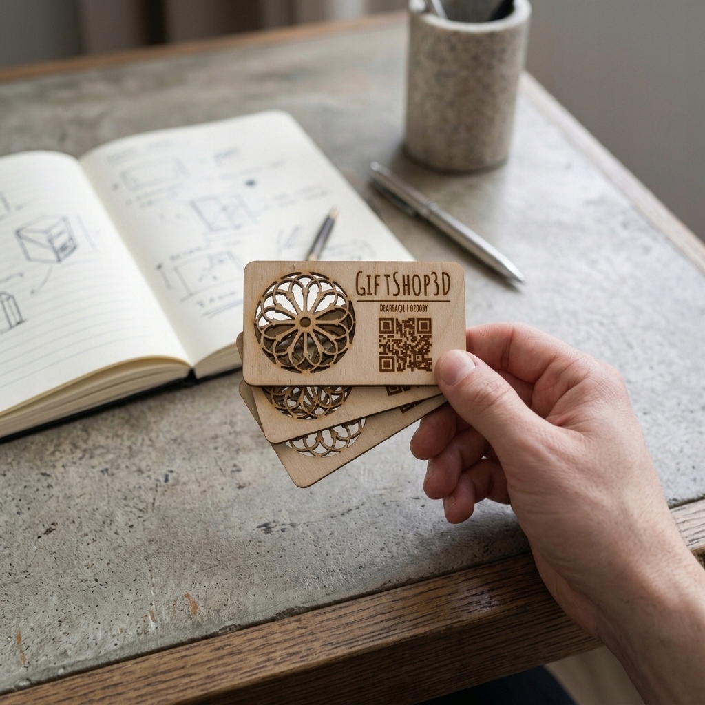 Detale graweru i kod QR na wizytówce drewnianej