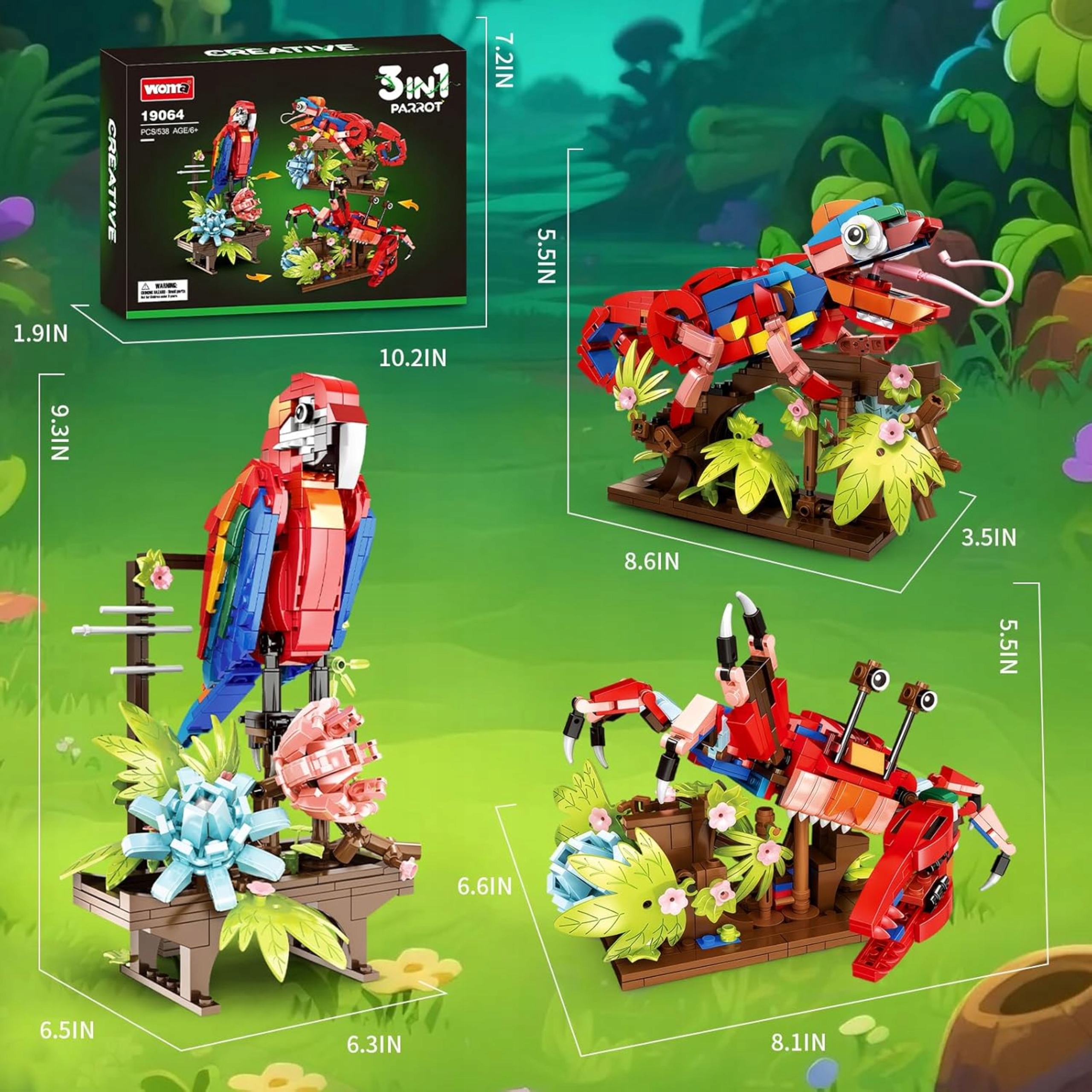 Klocki konstrukcyjne 3w1 Papuga Kameleon Krab Creator zestaw 538 elementów