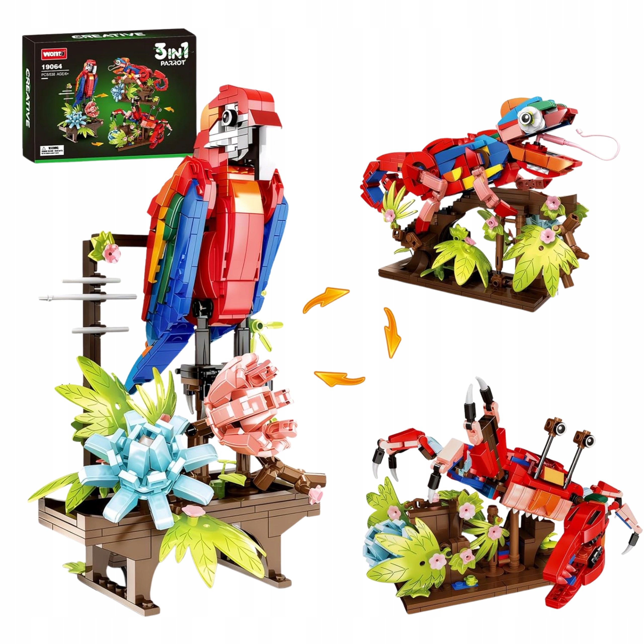 Klocki konstrukcyjne 3w1 Papuga Kameleon Krab Creator zestaw 538 elementów