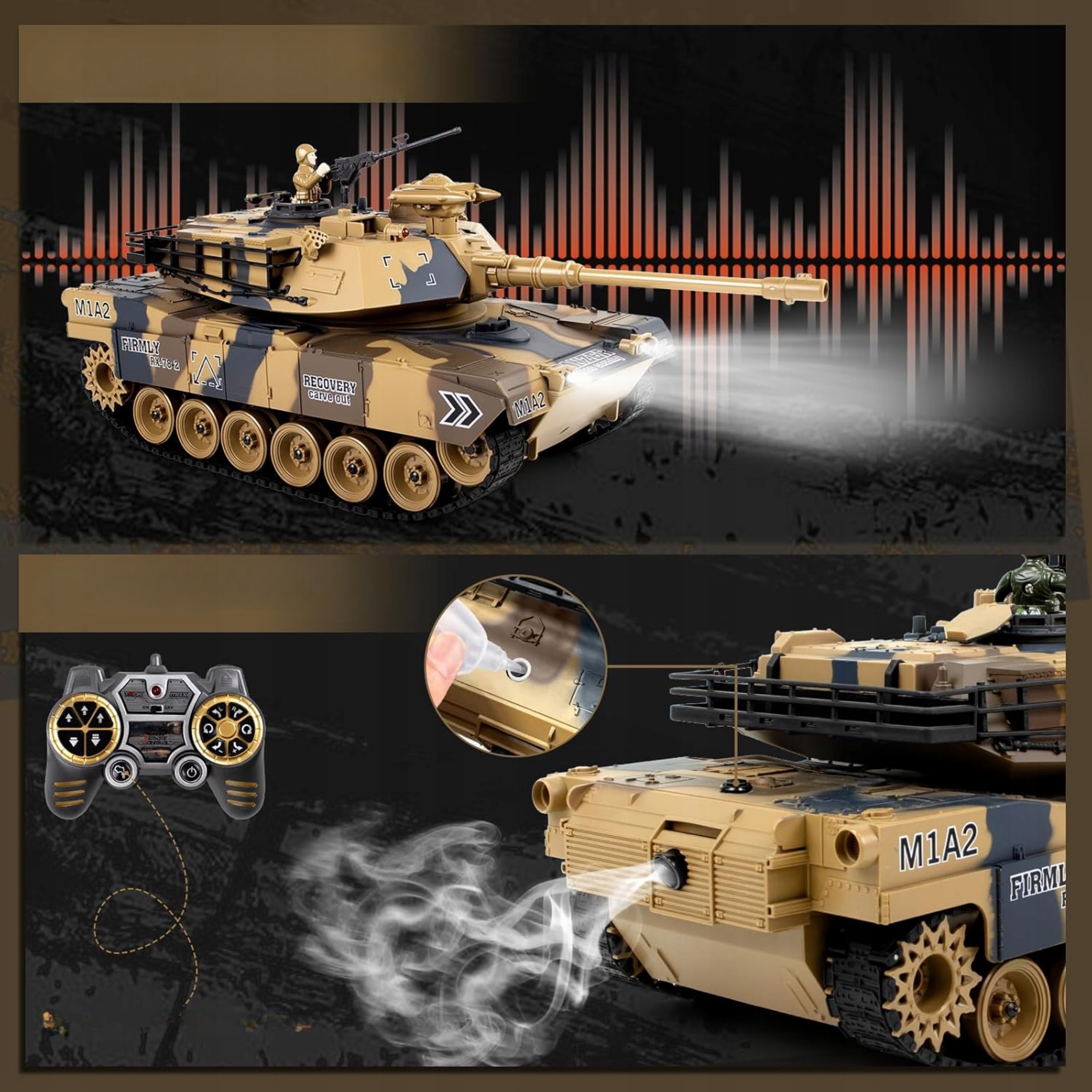 Zdalnie sterowany czołg M1A2 Abrams RC 2.4 GHz dymi strzela kulkami DUŻY