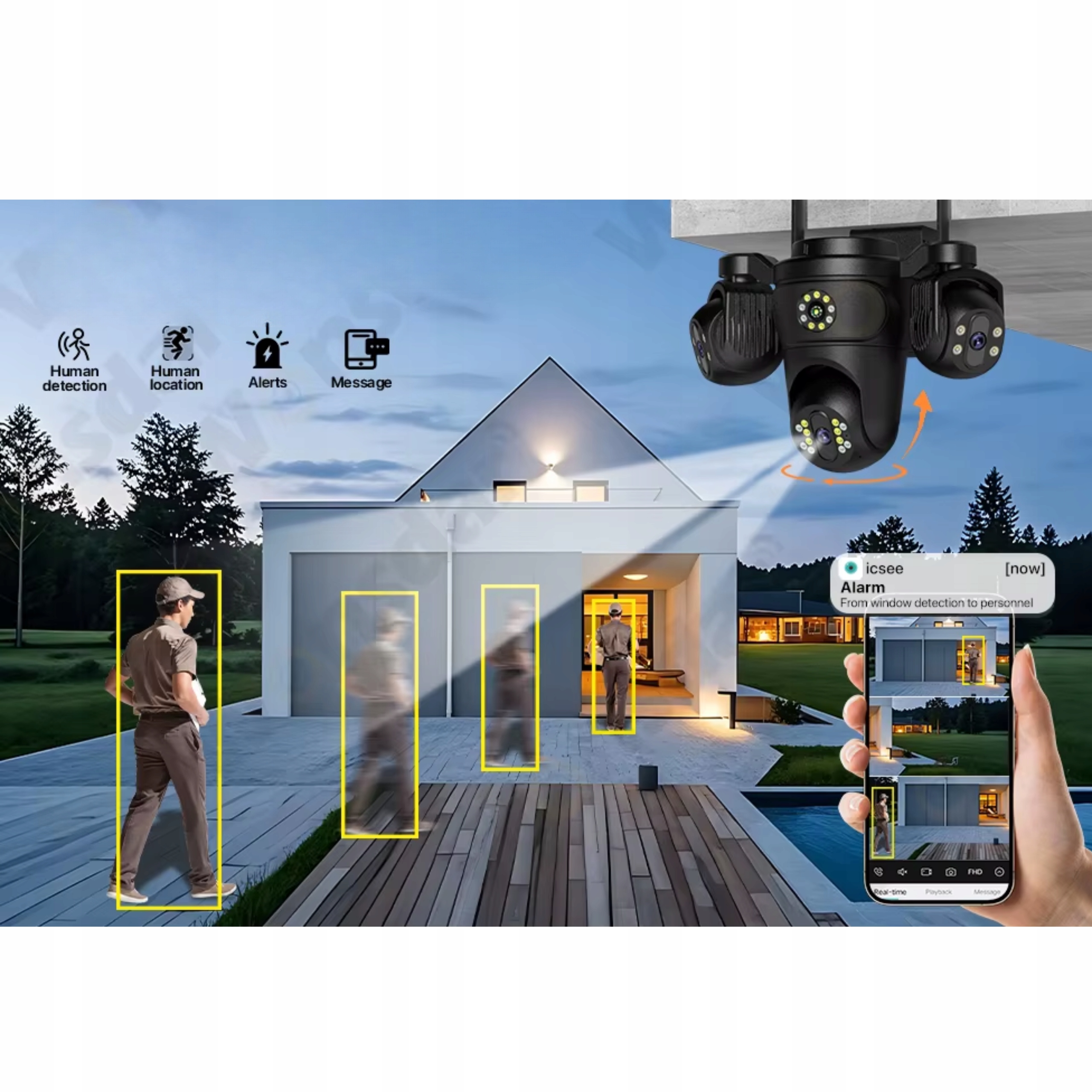 Kamera zewnętrzna WiFi 15MP 4 obiektywy 4 zoom Auto Track PTZ IP66 MIKROFON