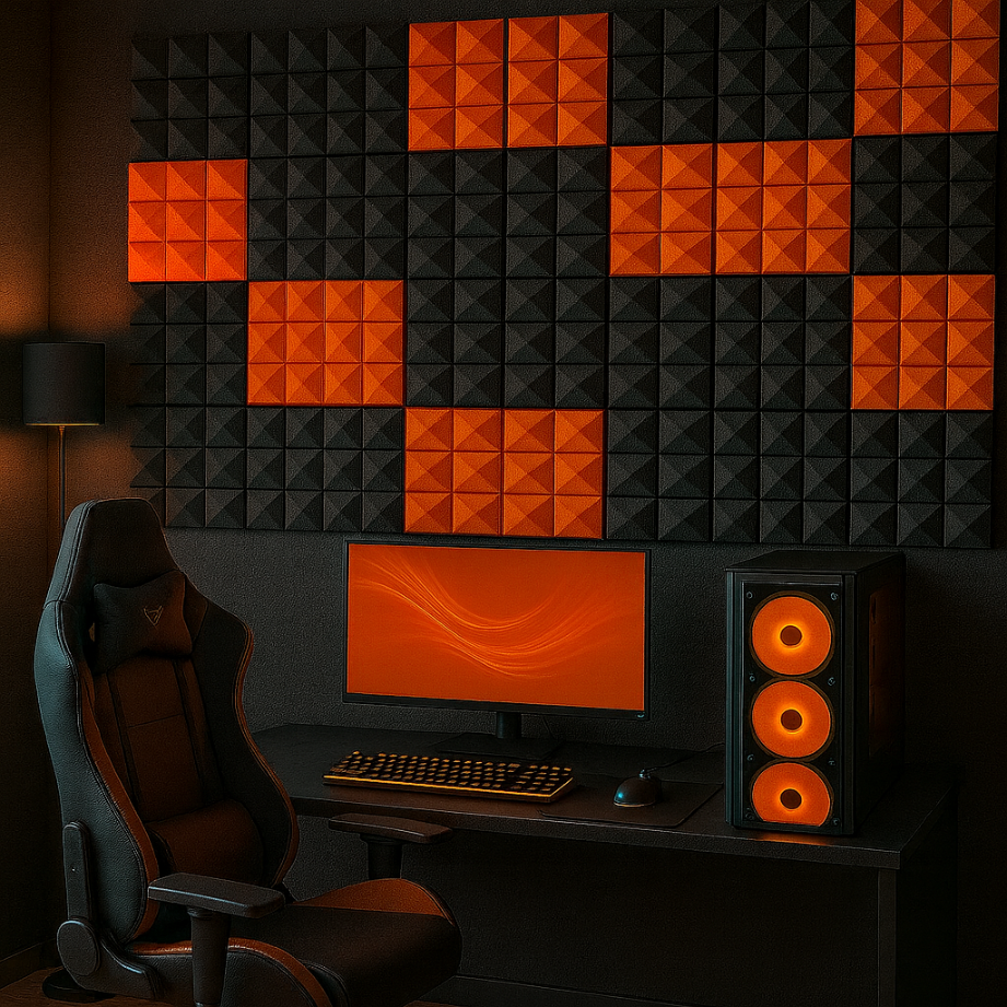 Panele akustyczne BUFFO 30×30 cm| grafit pomarańcz| ZESTAW | – 4 szt