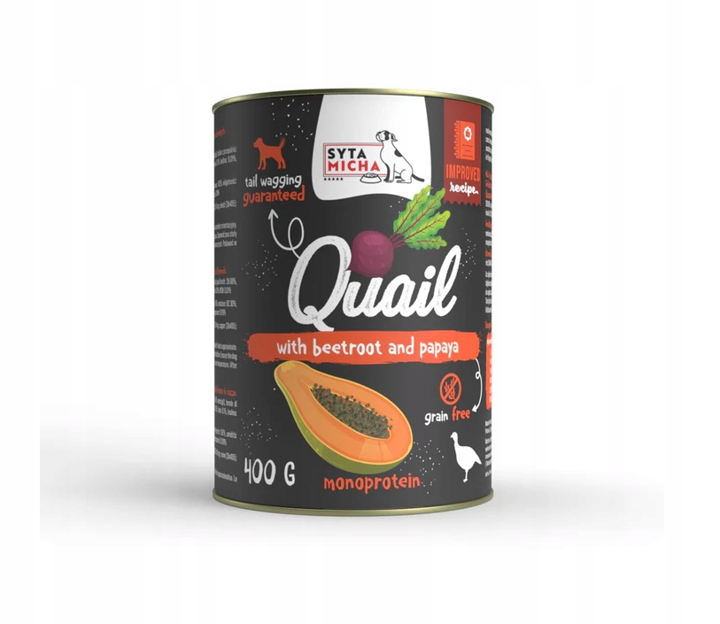 syta micha. karma mokra dla psa przepiórka z burakiem i papają 400g