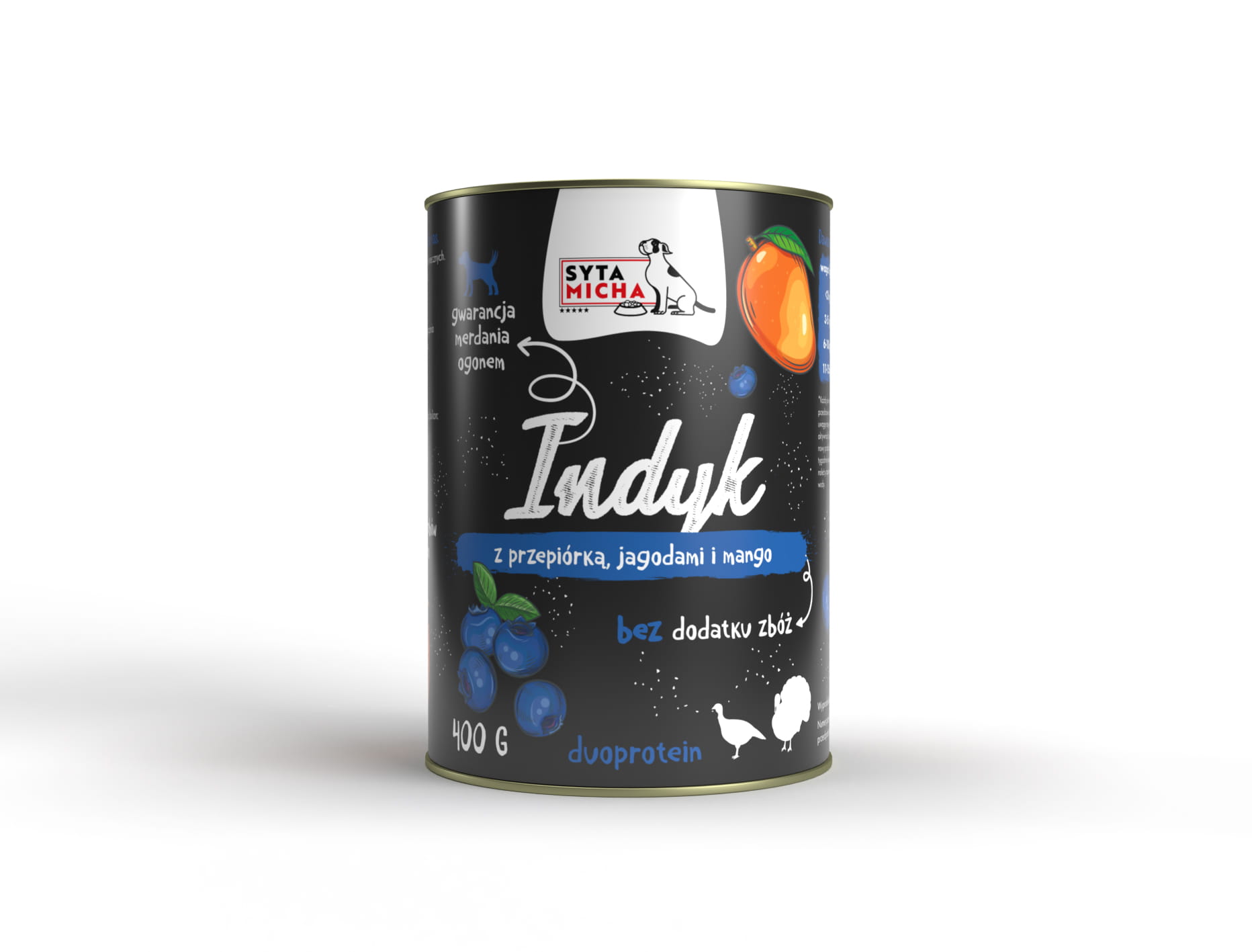 syta micha mokra karma dla psa indyk z przepiórką, jagodami i mango 400 g syta micha mokra karma dla psa indyk z przepiórką, jagodami i mango 400 g