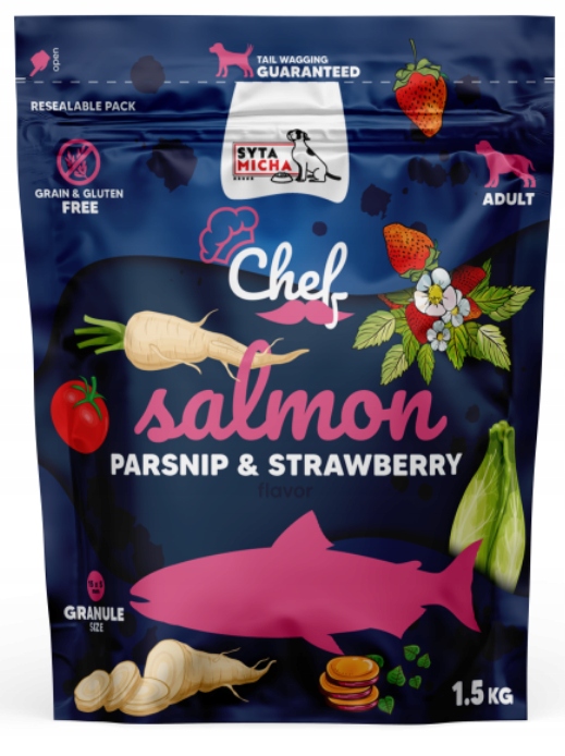syta micha chef. sucha karma dla psa Łosoś, pasternak i truskawka 1.5kg